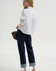 Button Sleeve Crop Shirt, White / Blue / Brown Stripe