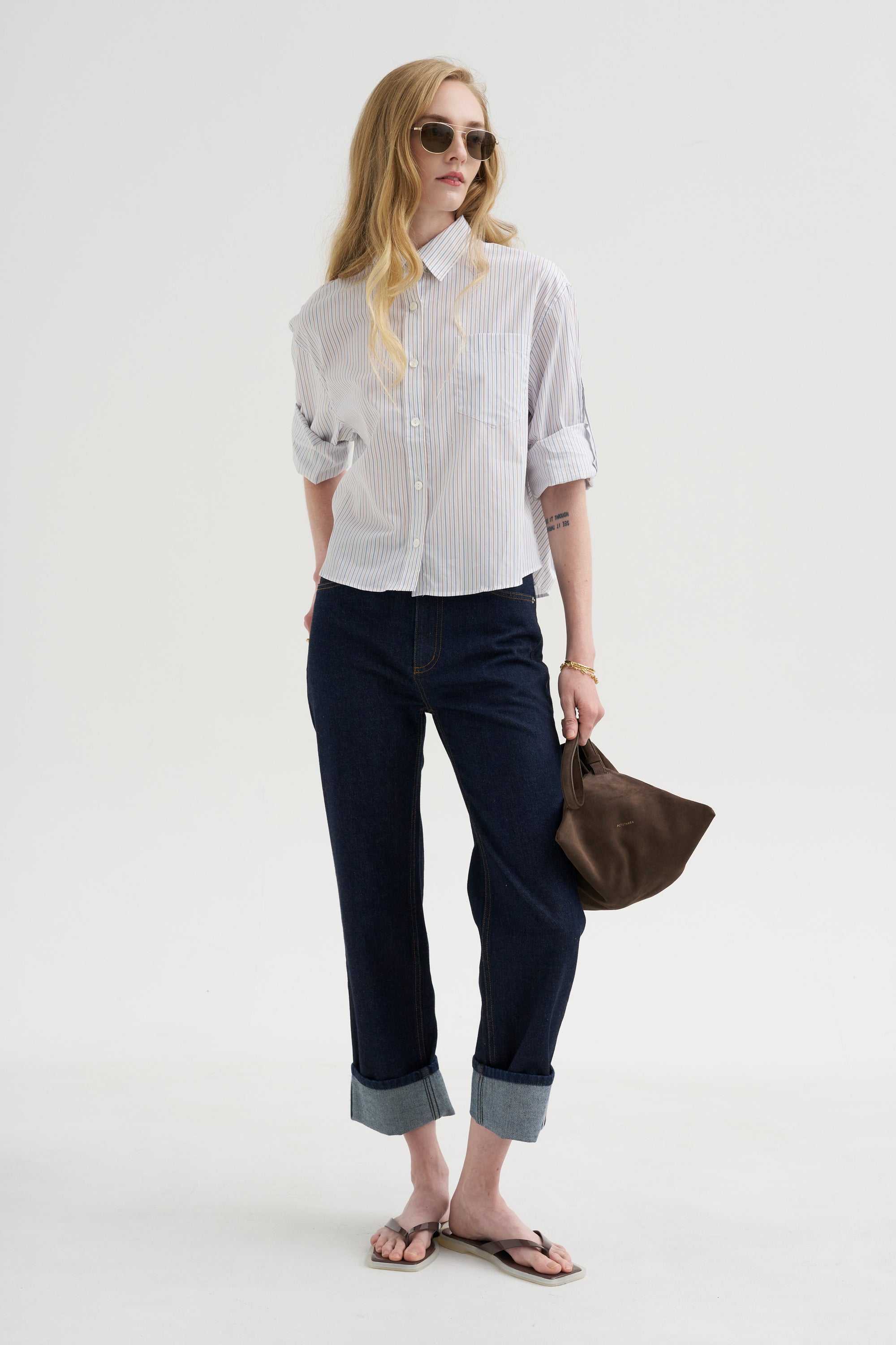 Button Sleeve Crop Shirt, White / Blue / Brown Stripe