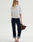 Button Sleeve Crop Shirt, White / Blue / Brown Stripe