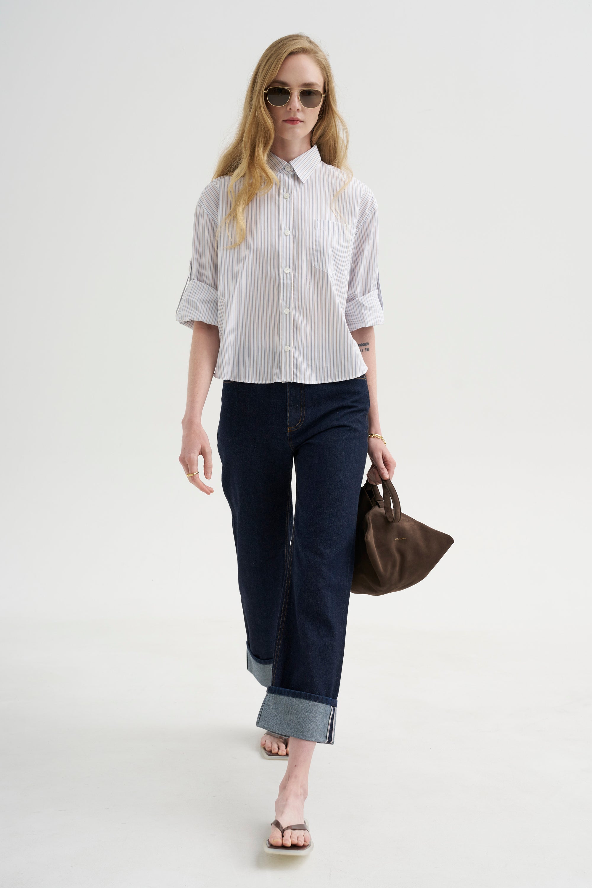 Button Sleeve Crop Shirt, White / Blue / Brown Stripe