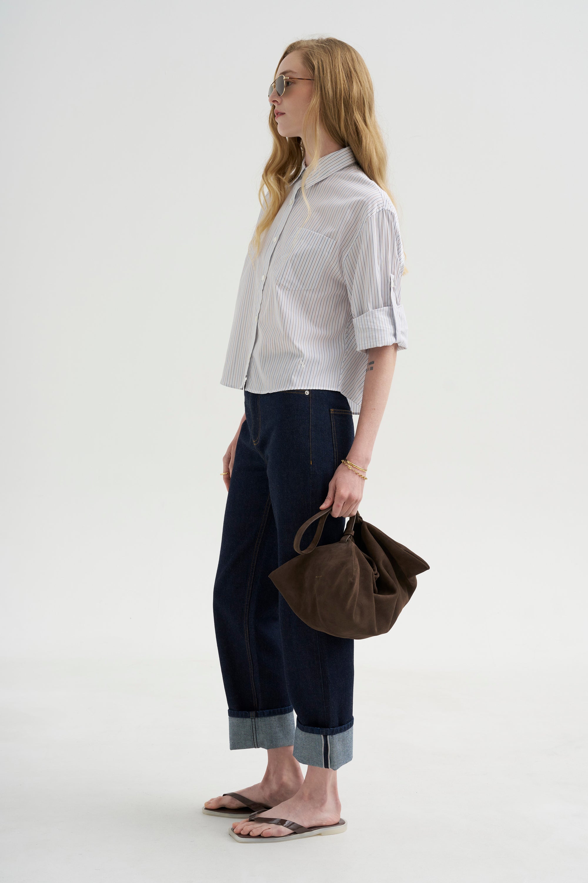 Button Sleeve Crop Shirt, White / Blue / Brown Stripe
