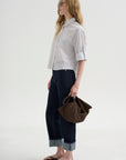 Button Sleeve Crop Shirt, White / Blue / Brown Stripe