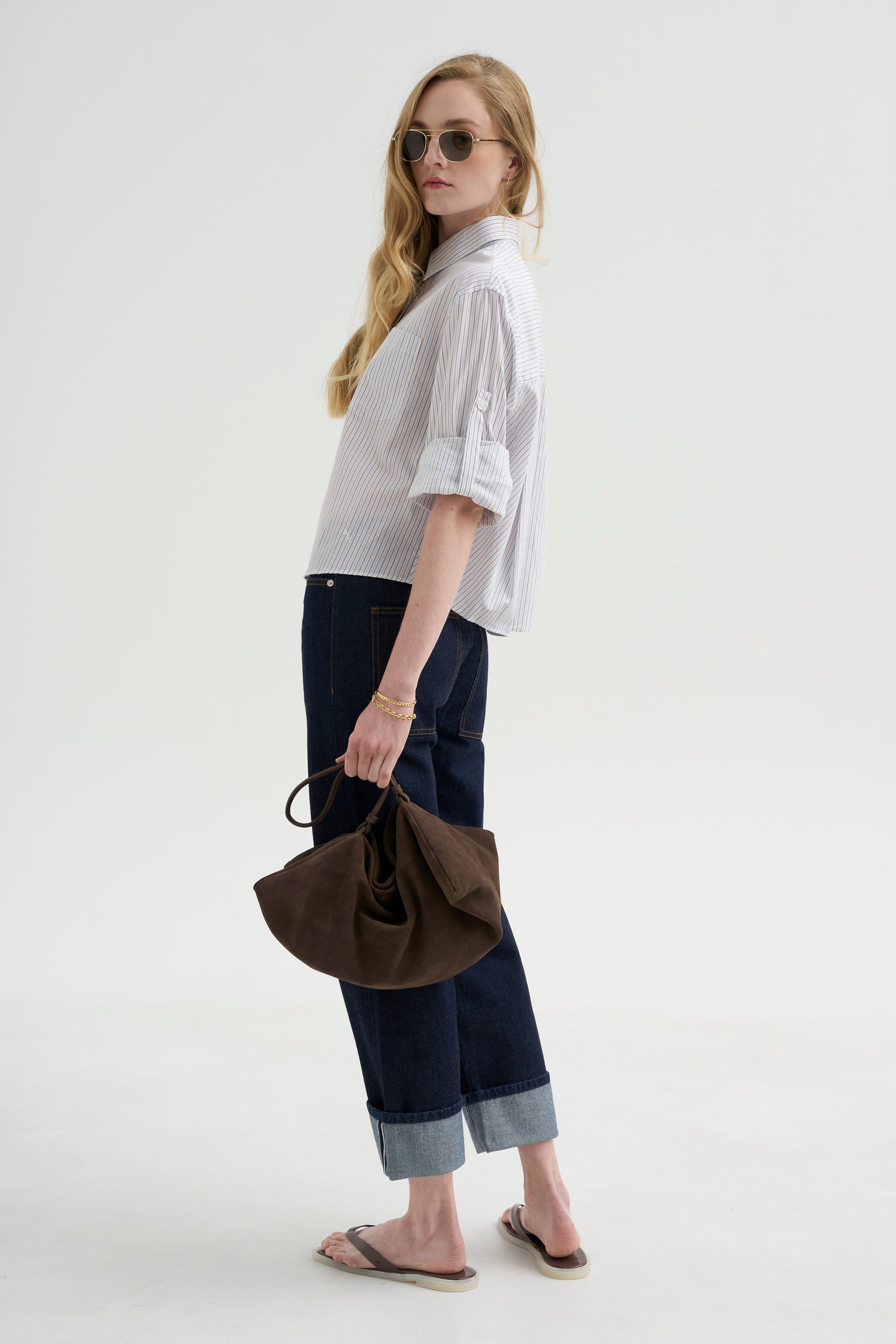 Button Sleeve Crop Shirt, White / Blue / Brown Stripe