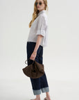 Button Sleeve Crop Shirt, White / Blue / Brown Stripe