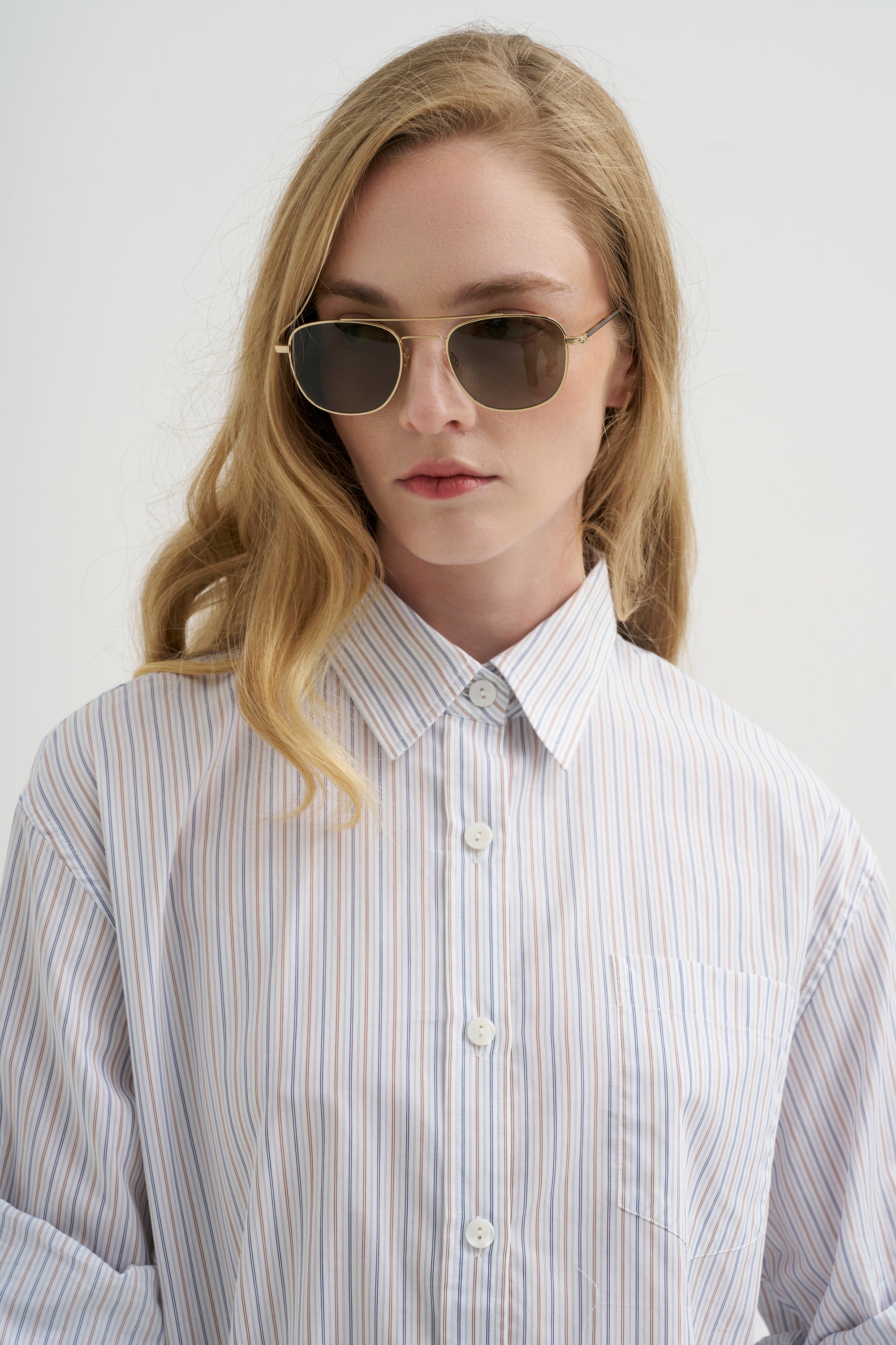 Button Sleeve Crop Shirt, White / Blue / Brown Stripe