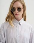 Button Sleeve Crop Shirt, White / Blue / Brown Stripe