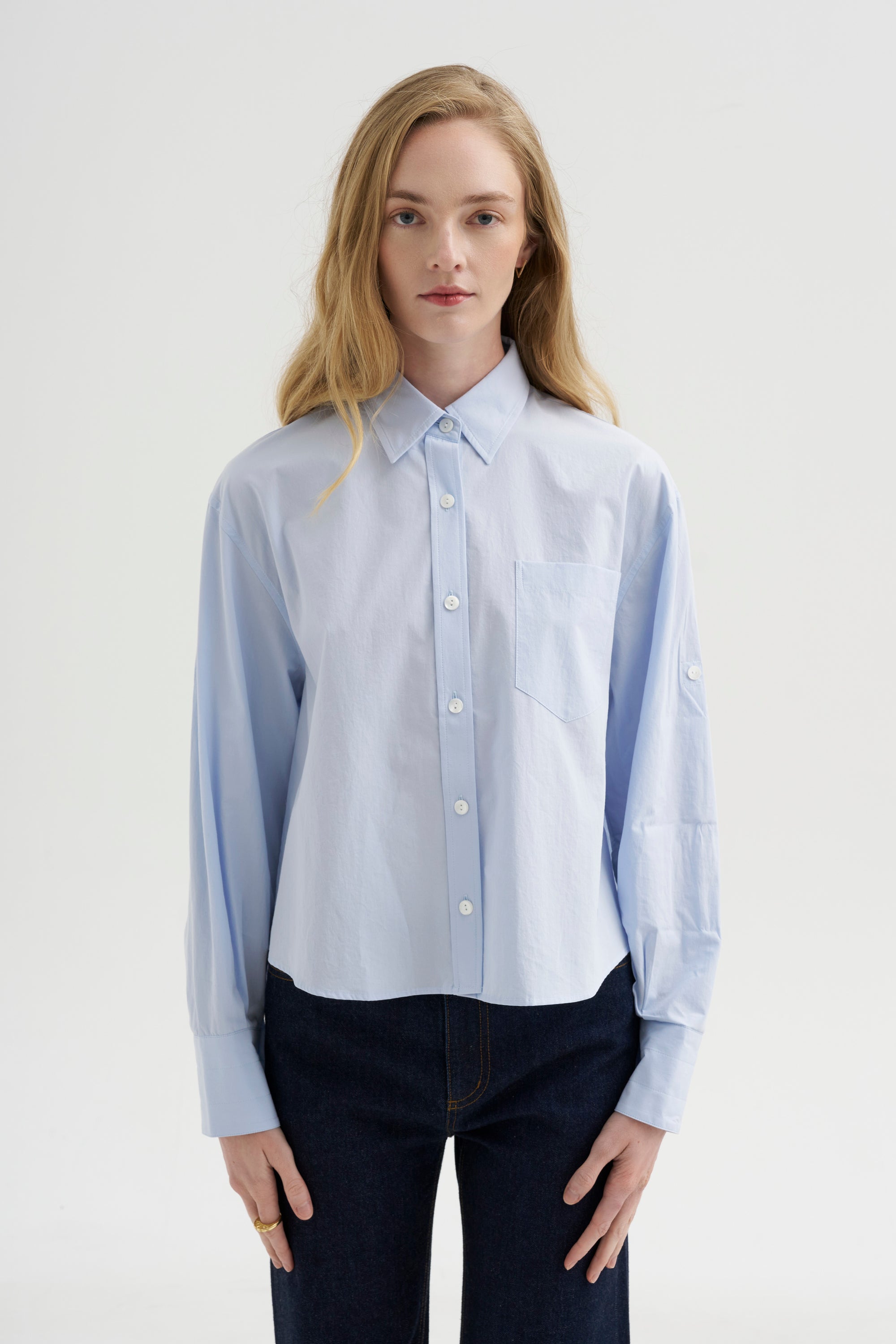 Button Sleeve Crop Shirt, Sky Blue