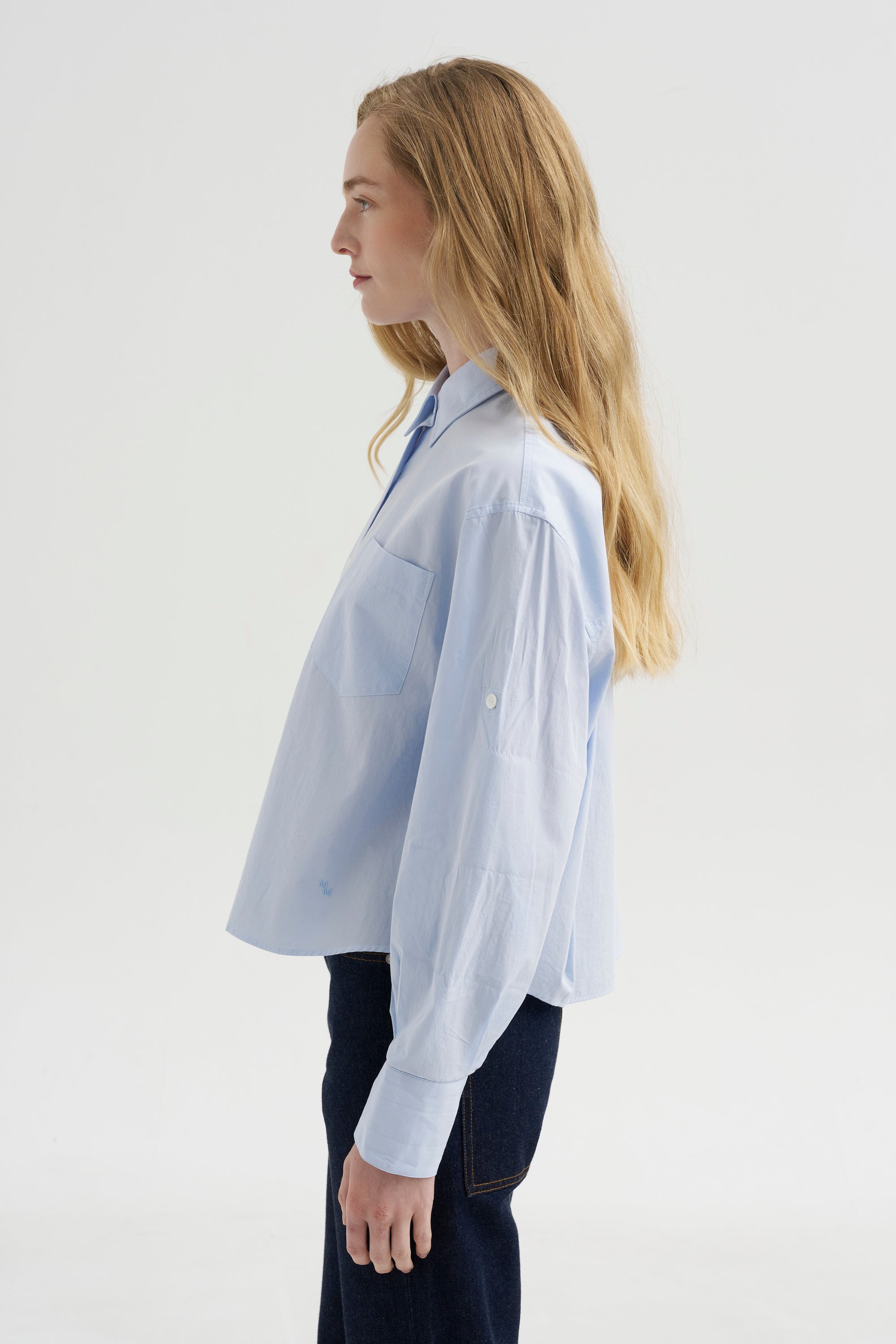 Button Sleeve Crop Shirt, Sky Blue