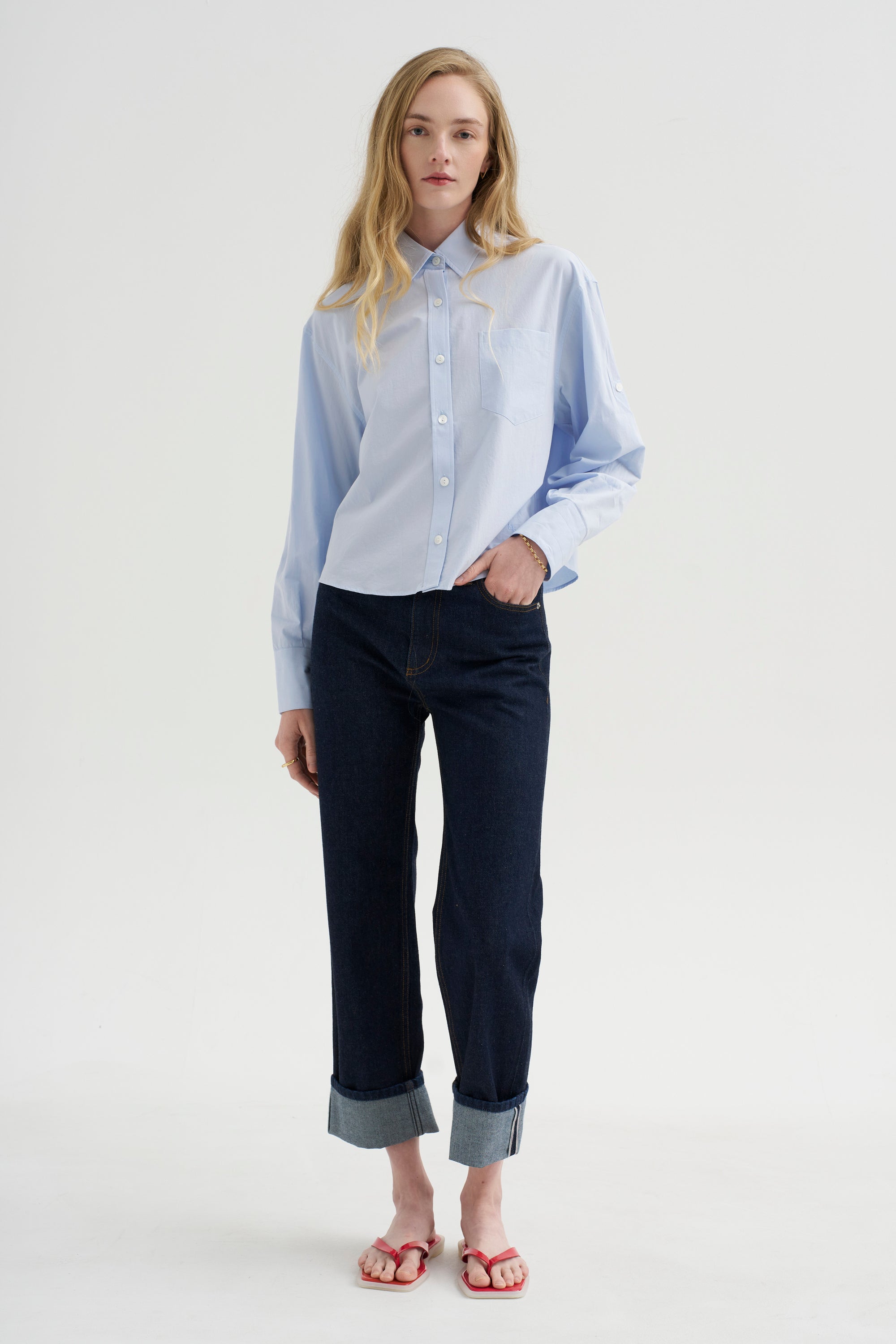 Button Sleeve Crop Shirt, Sky Blue