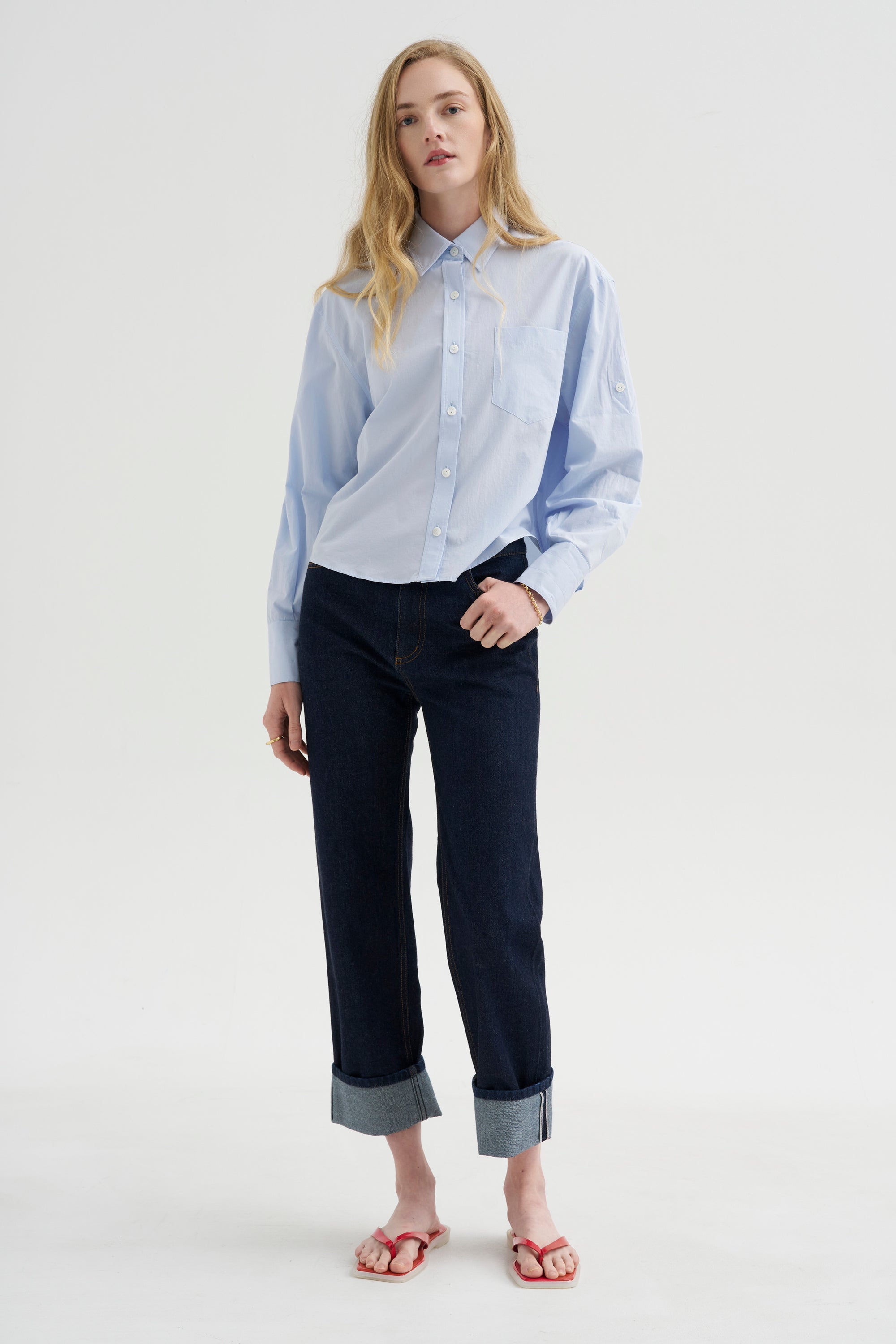Button Sleeve Crop Shirt, Sky Blue