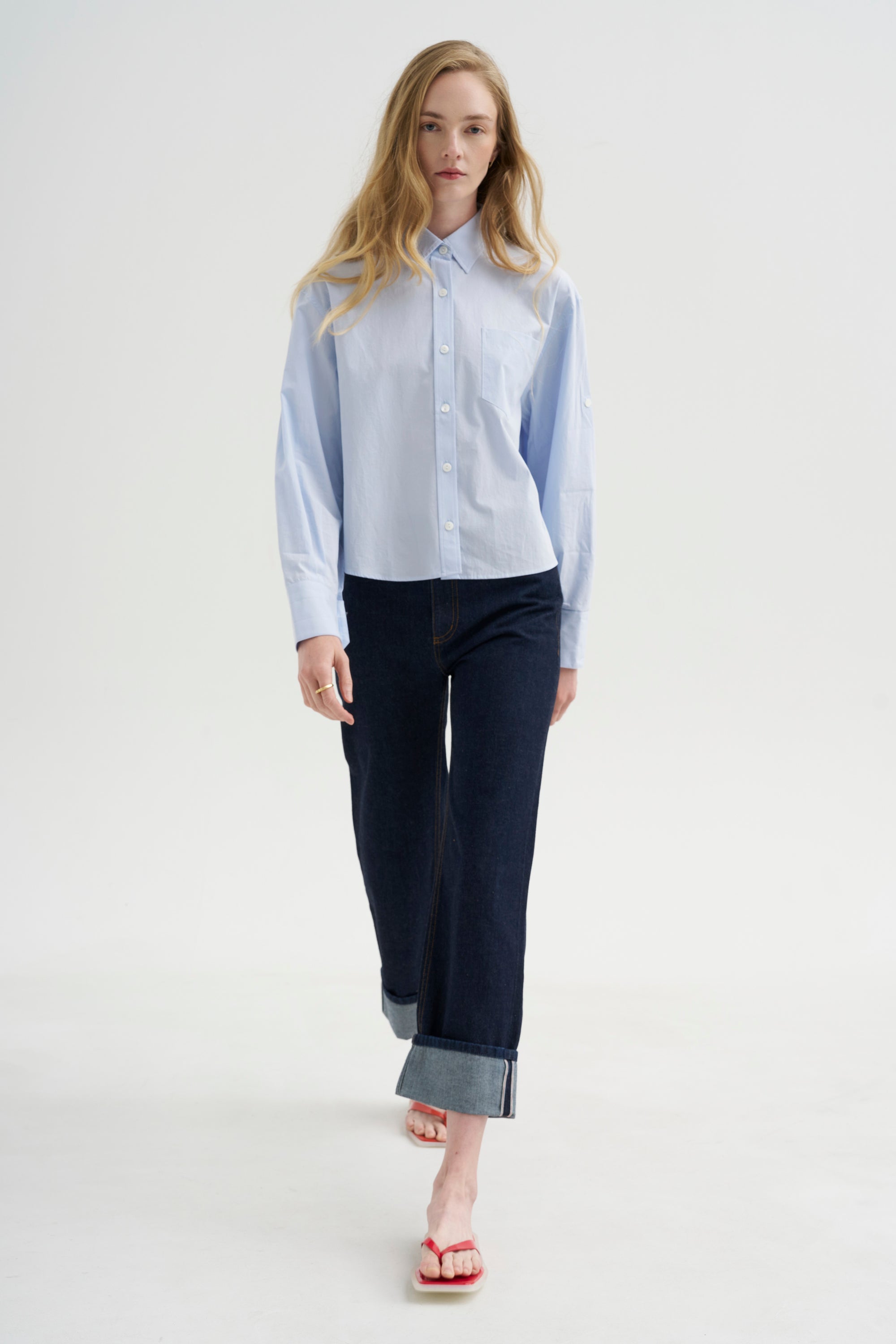 Button Sleeve Crop Shirt, Sky Blue