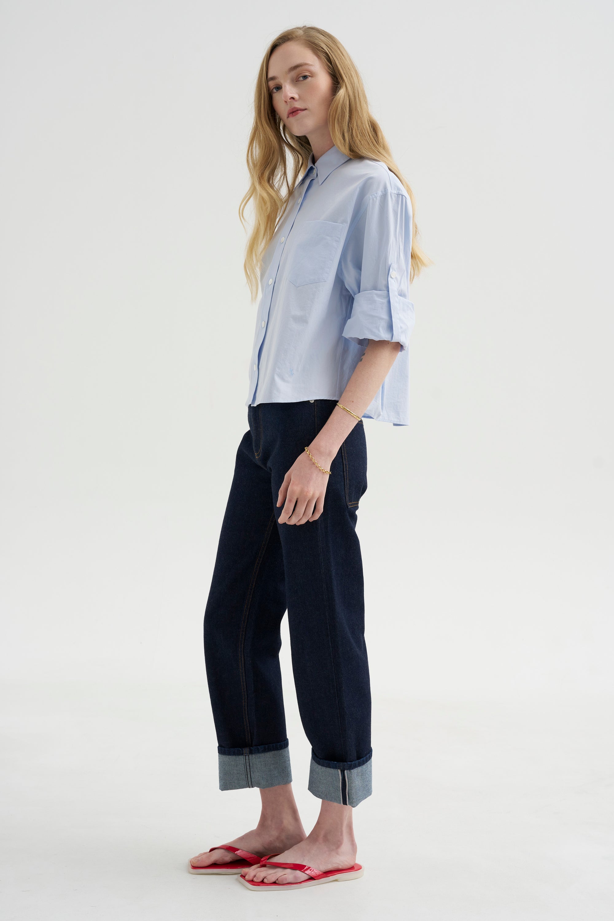 Button Sleeve Crop Shirt, Sky Blue