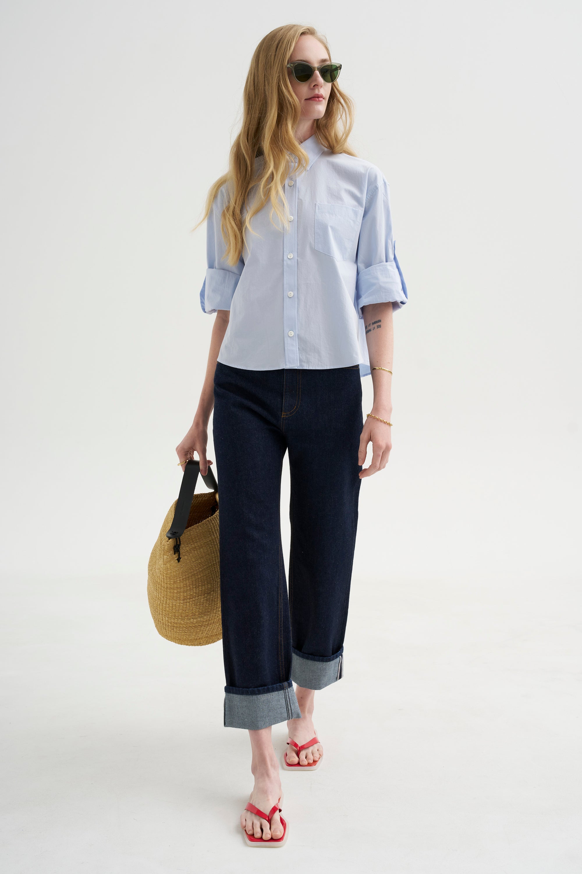 Button Sleeve Crop Shirt, Sky Blue