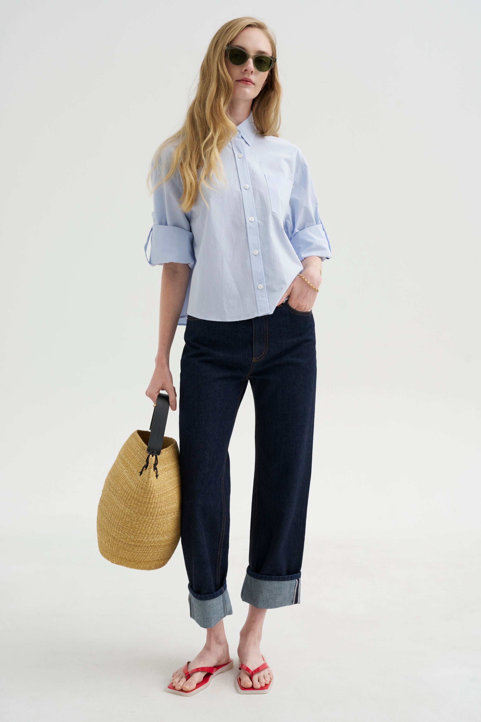 Button Sleeve Crop Shirt, Sky Blue