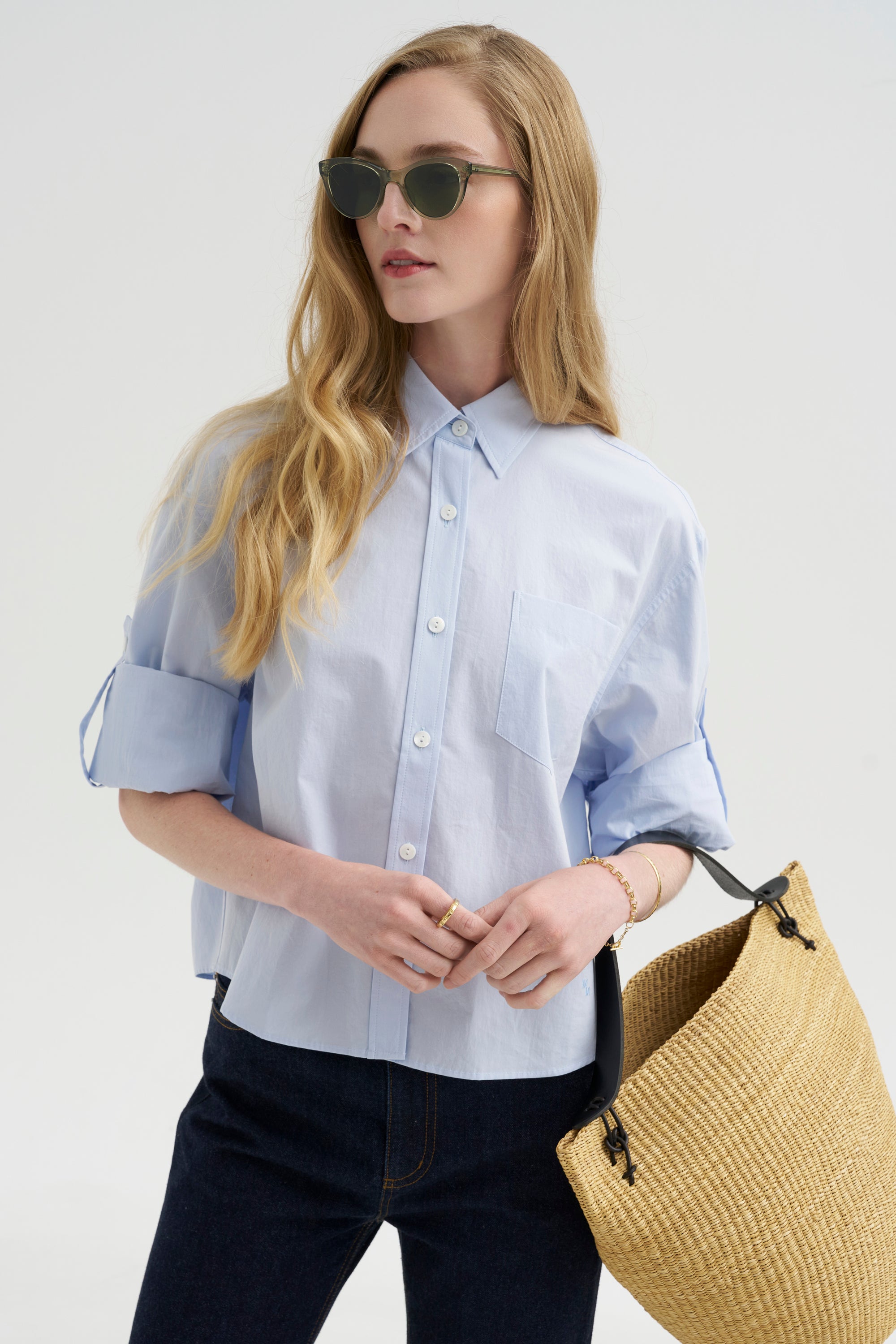 Button Sleeve Crop Shirt, Sky Blue
