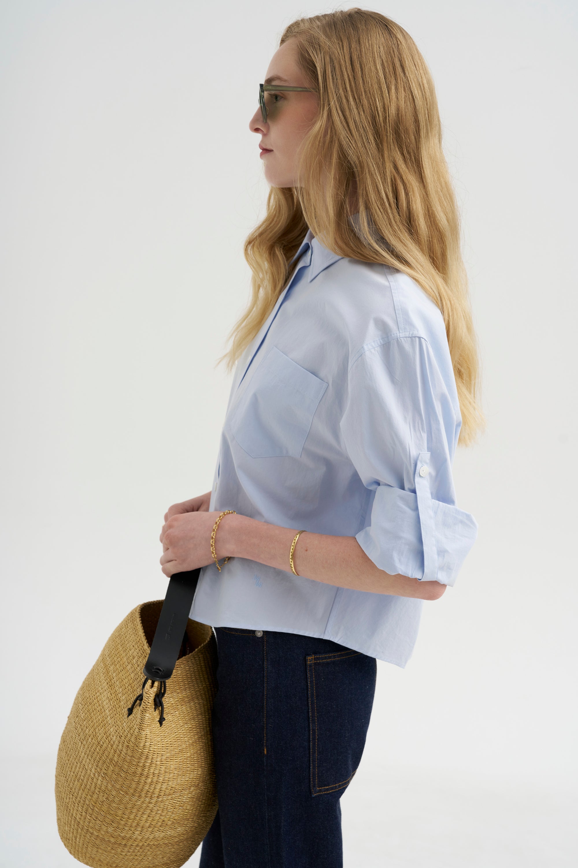 Button Sleeve Crop Shirt, Sky Blue