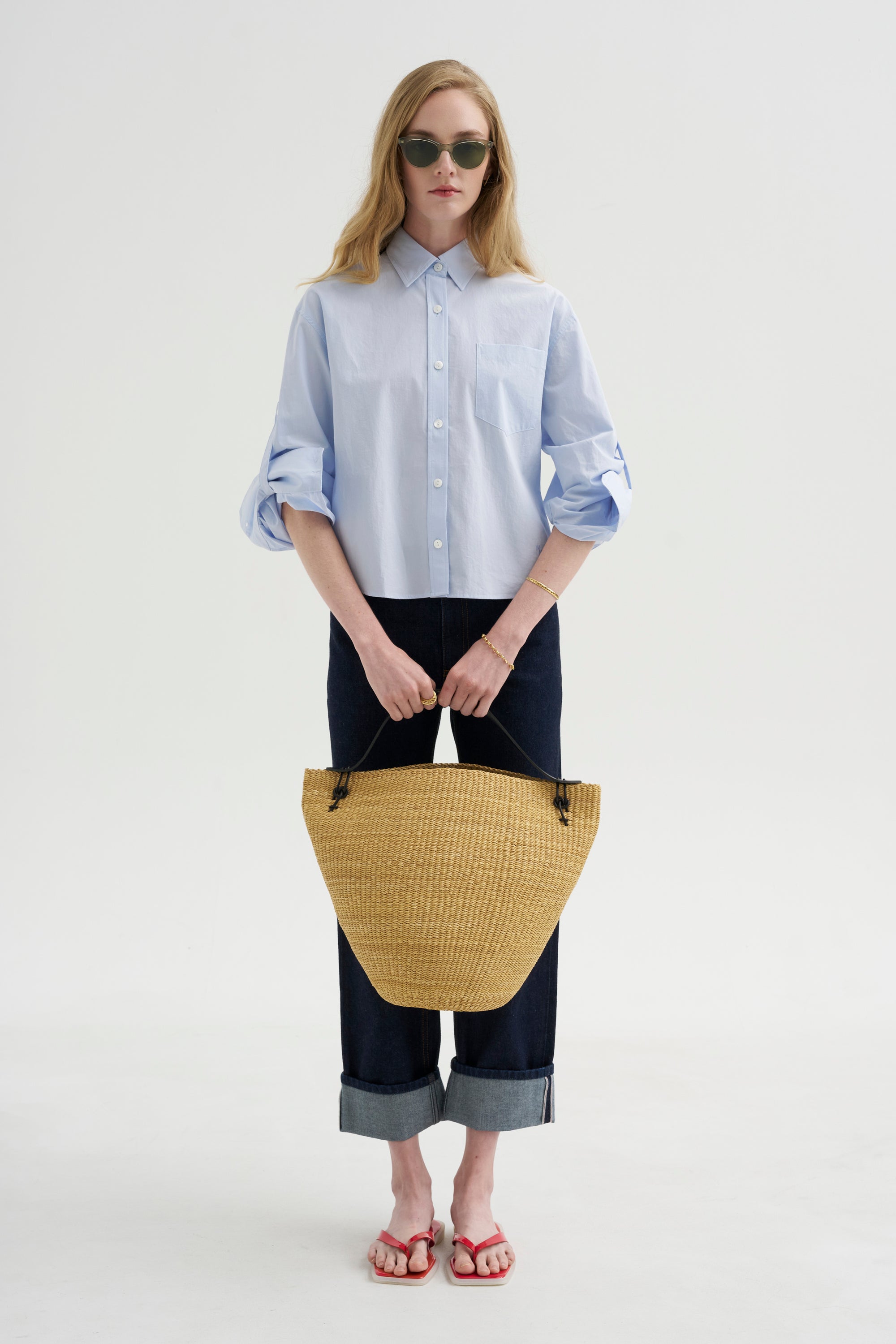 Button Sleeve Crop Shirt, Sky Blue