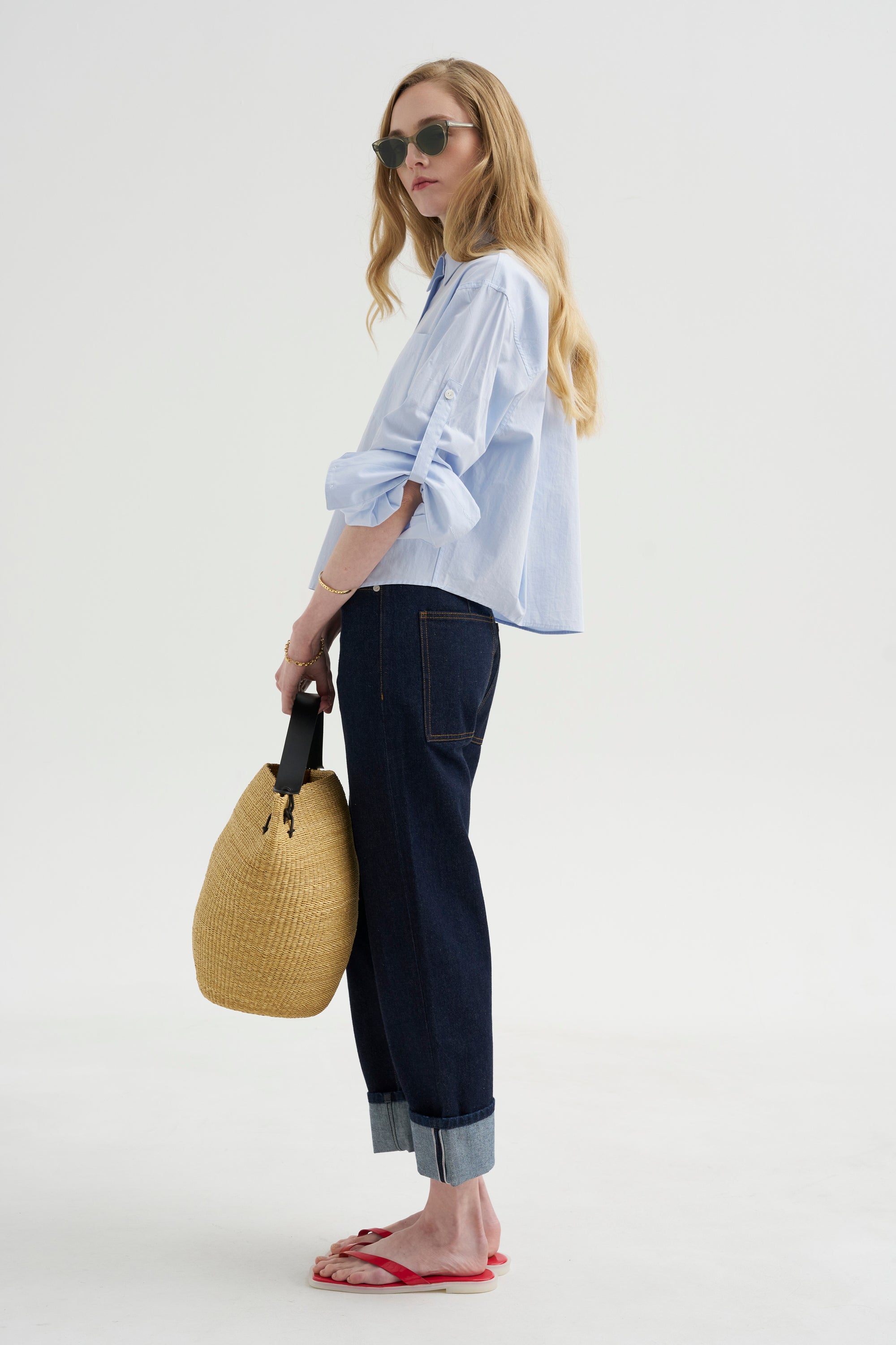 Button Sleeve Crop Shirt, Sky Blue
