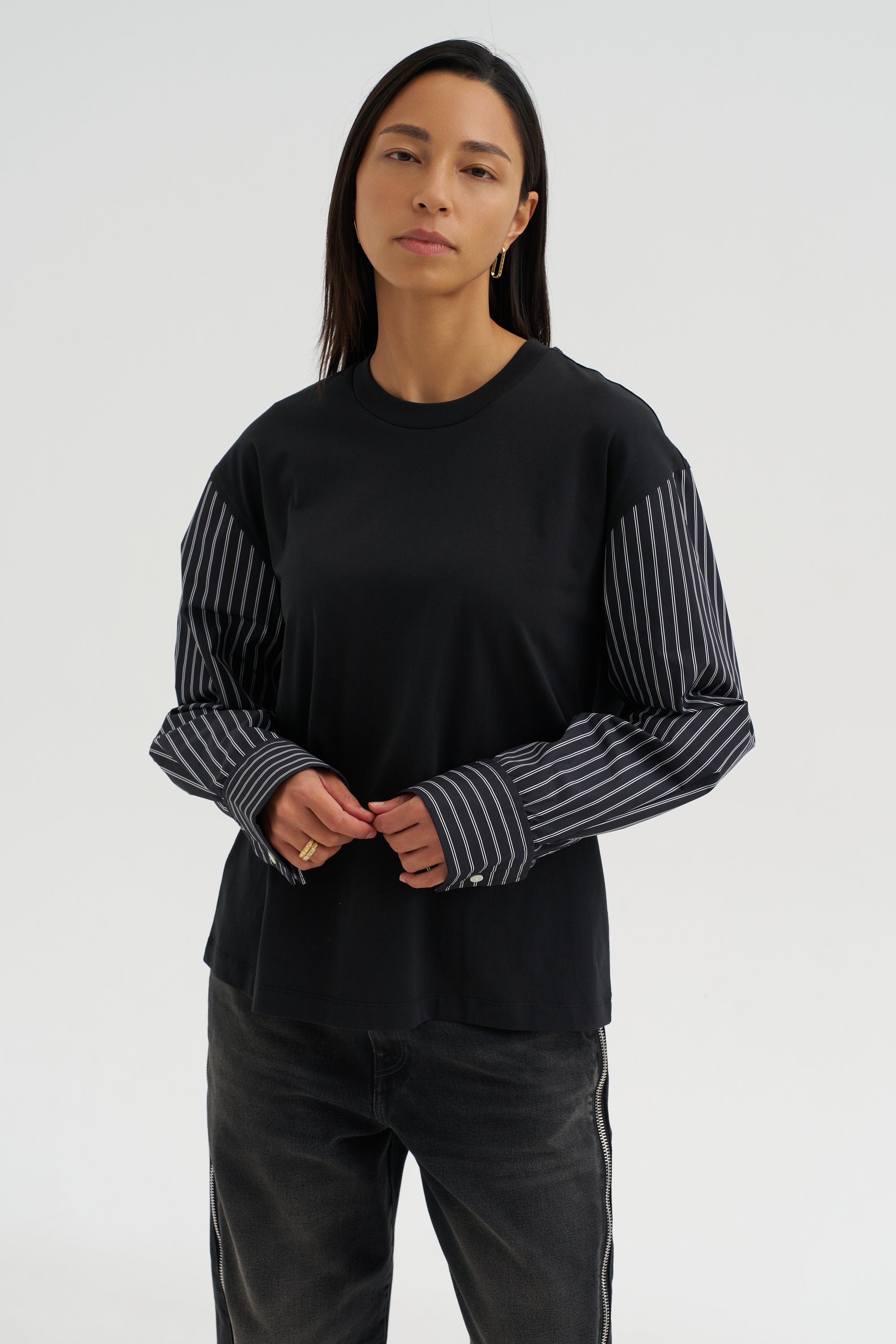 Techno Striped Poplin T-Shirt, Black