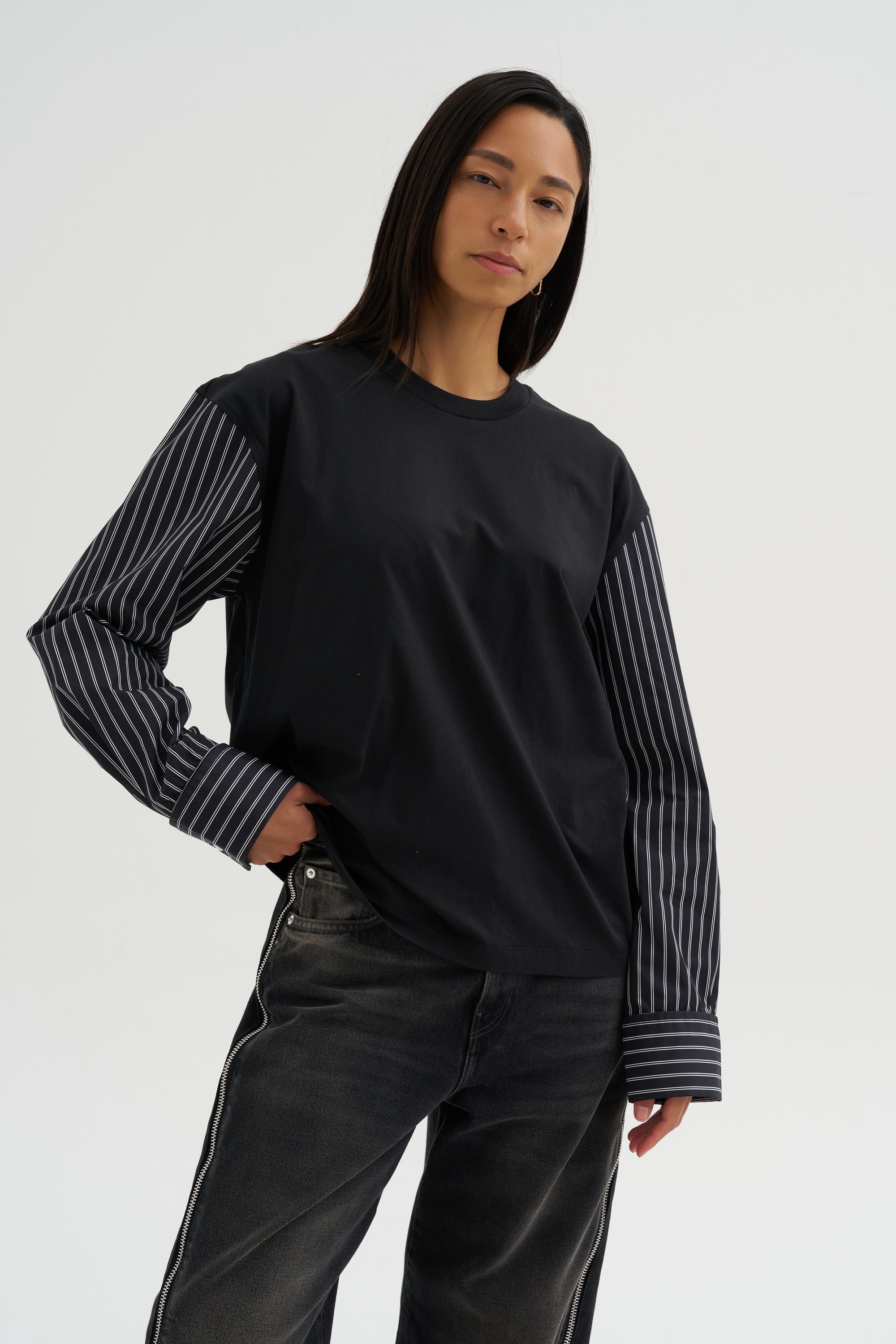 Techno Striped Poplin T-Shirt, Black