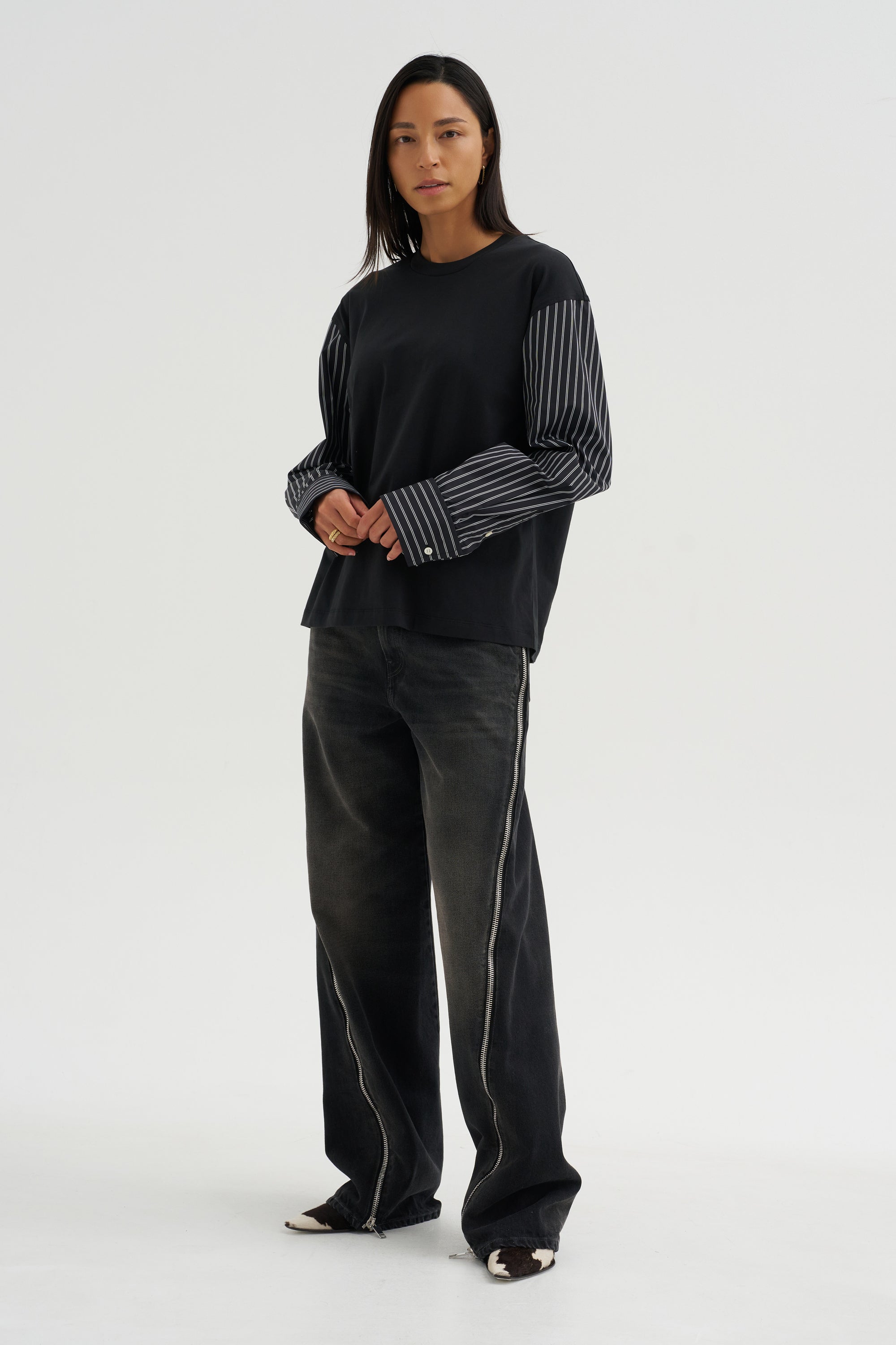Techno Striped Poplin T-Shirt, Black