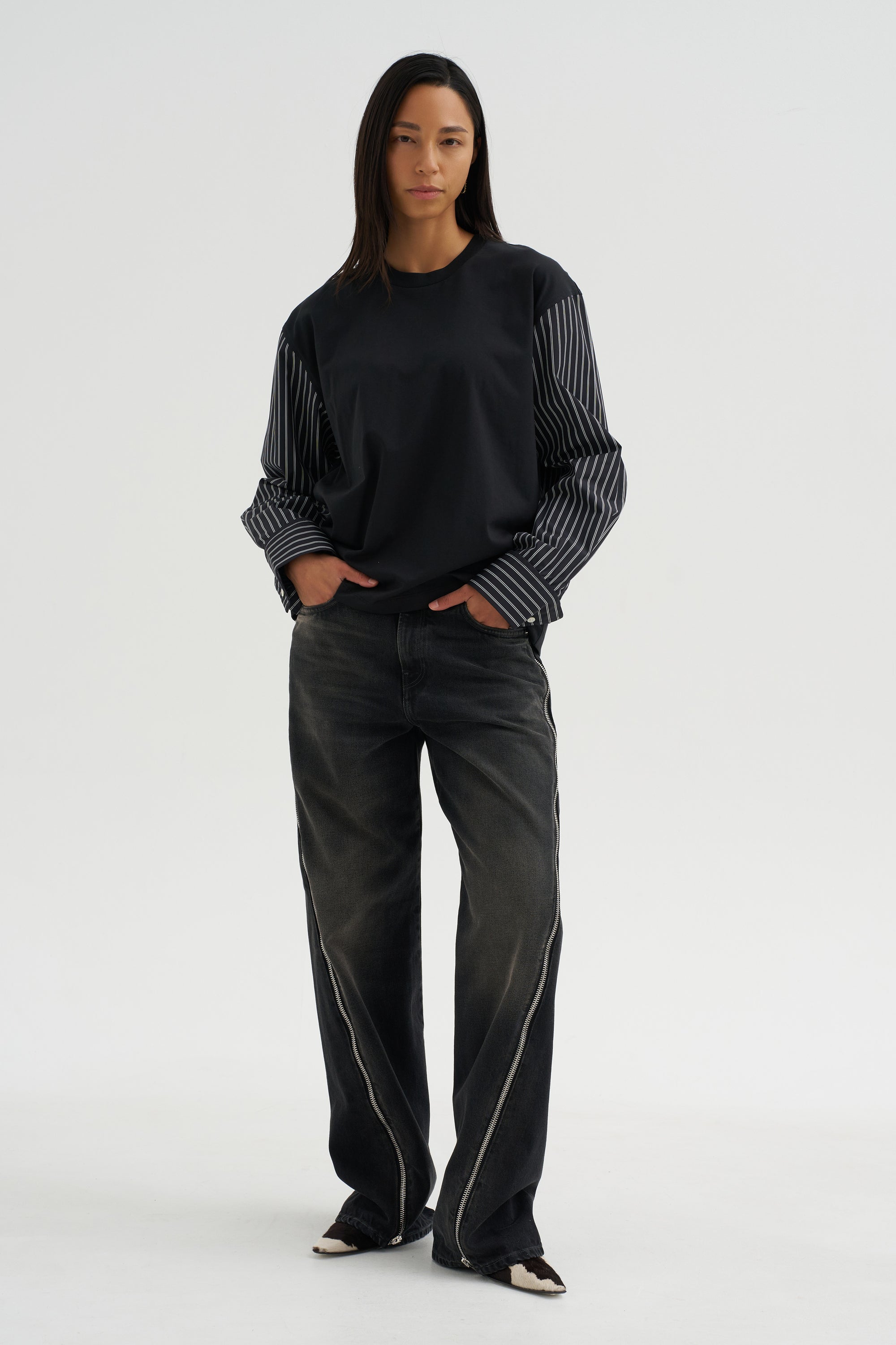 Techno Striped Poplin T-Shirt, Black