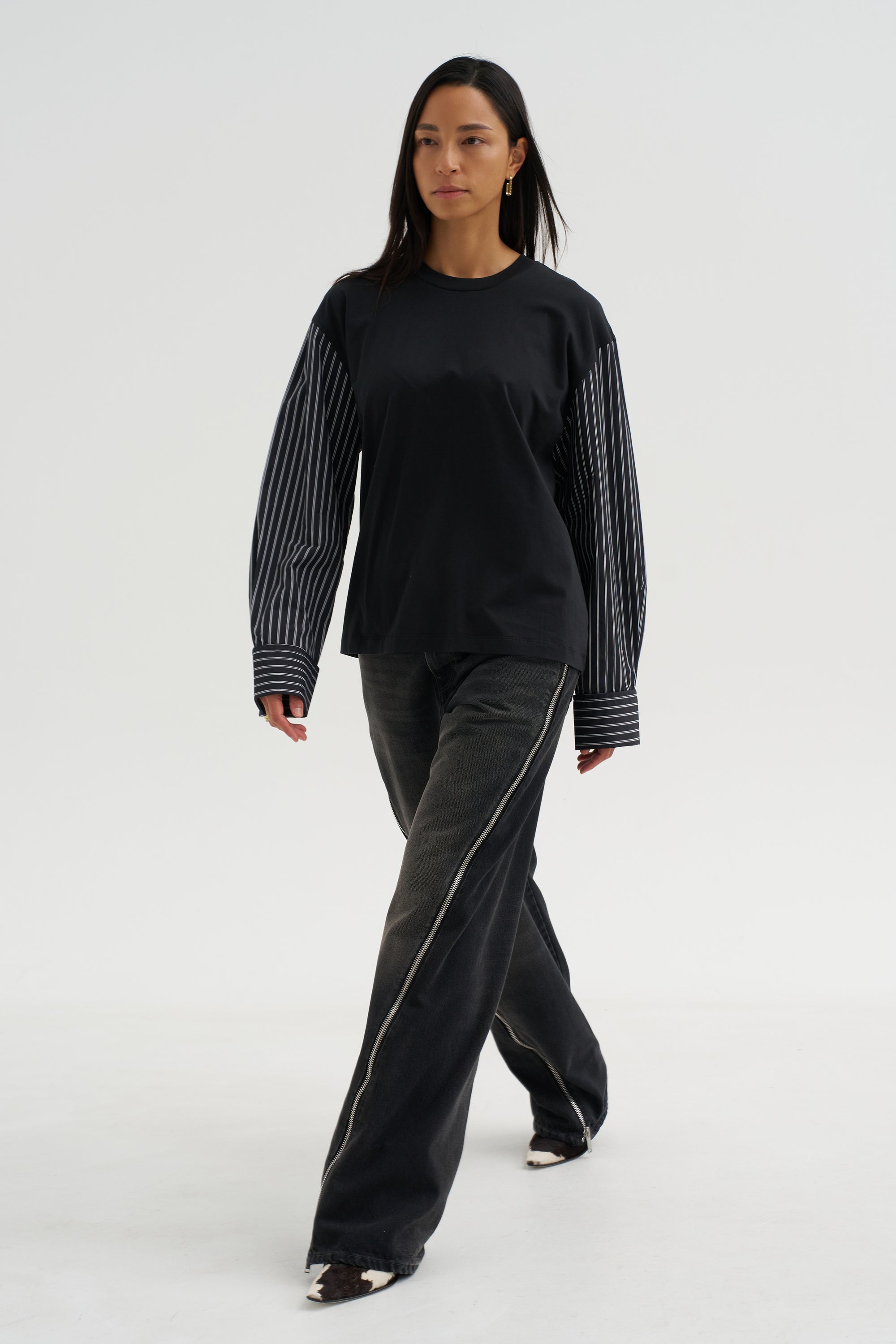 Techno Striped Poplin T-Shirt, Black