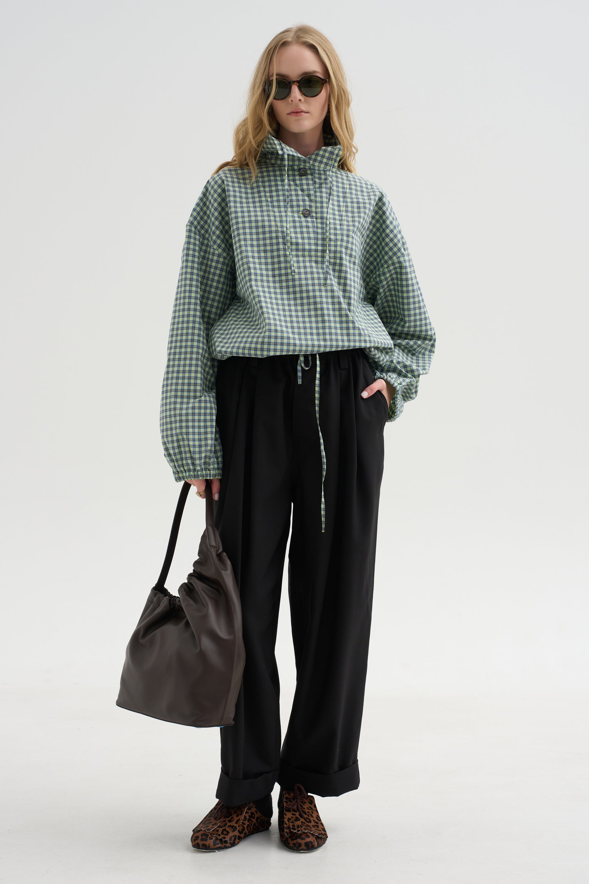 Checked Poplin Blouse with High Neck, Acid