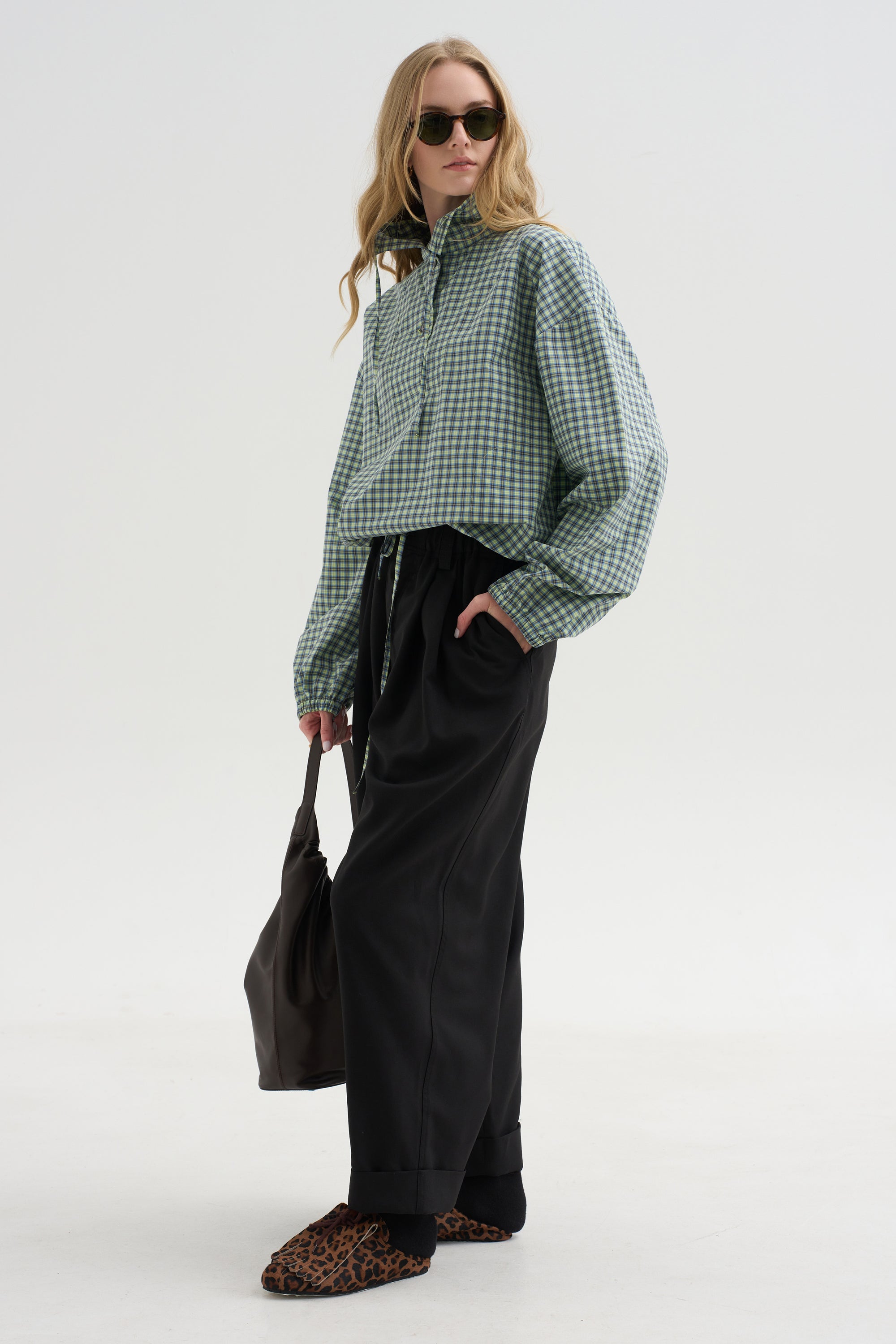 Checked Poplin Blouse with High Neck, Acid
