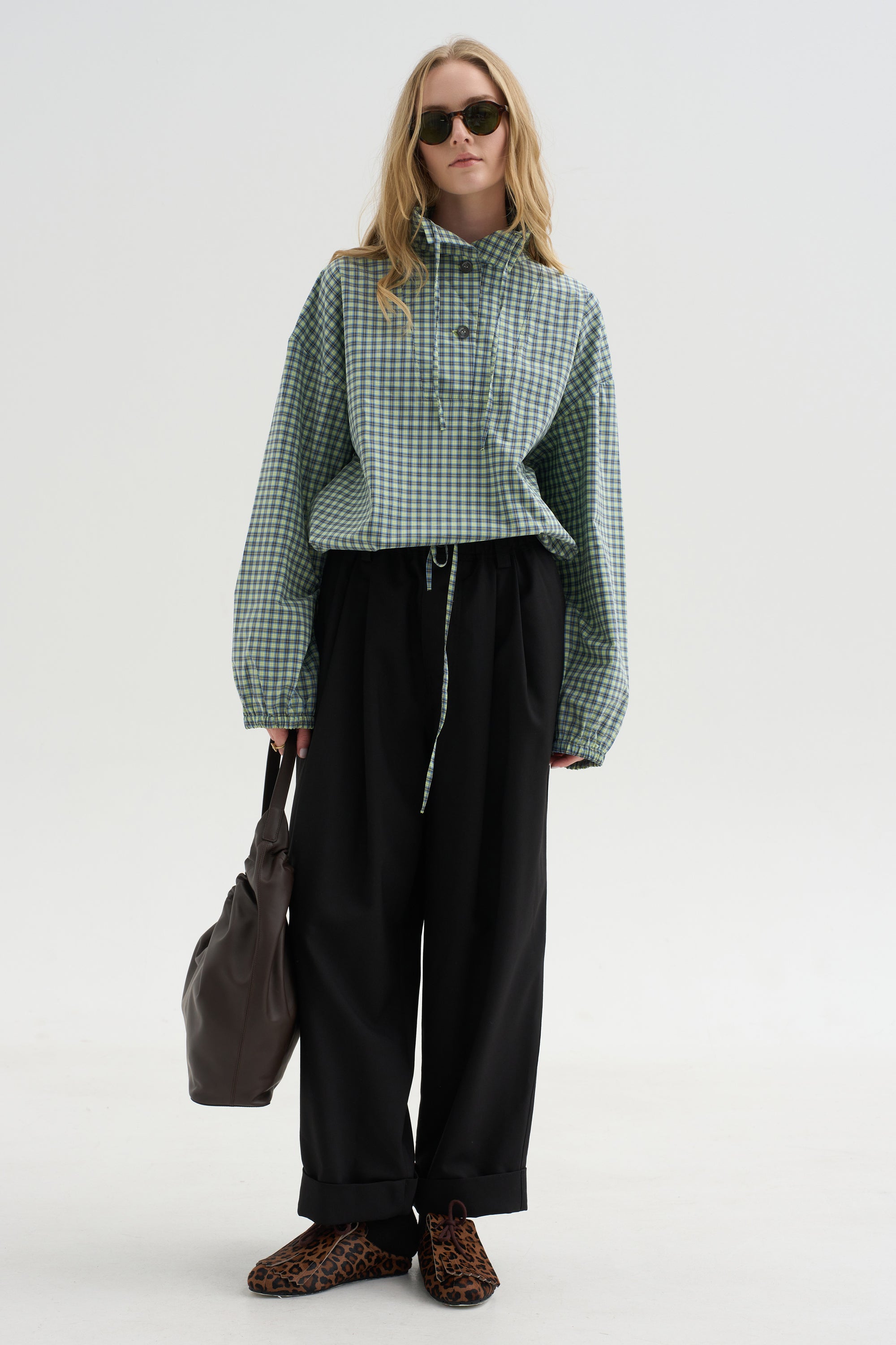 Checked Poplin Blouse with High Neck, Acid