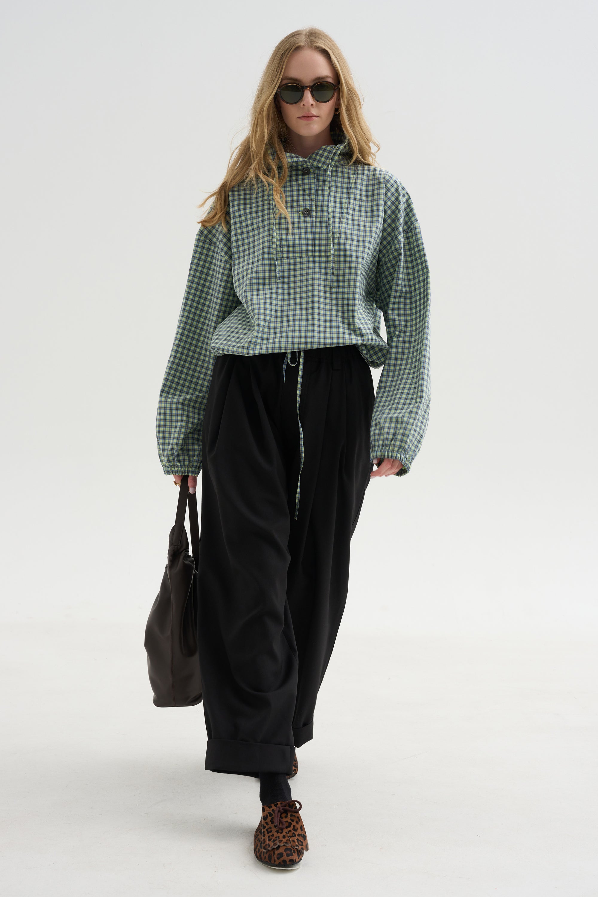 Checked Poplin Blouse with High Neck, Acid