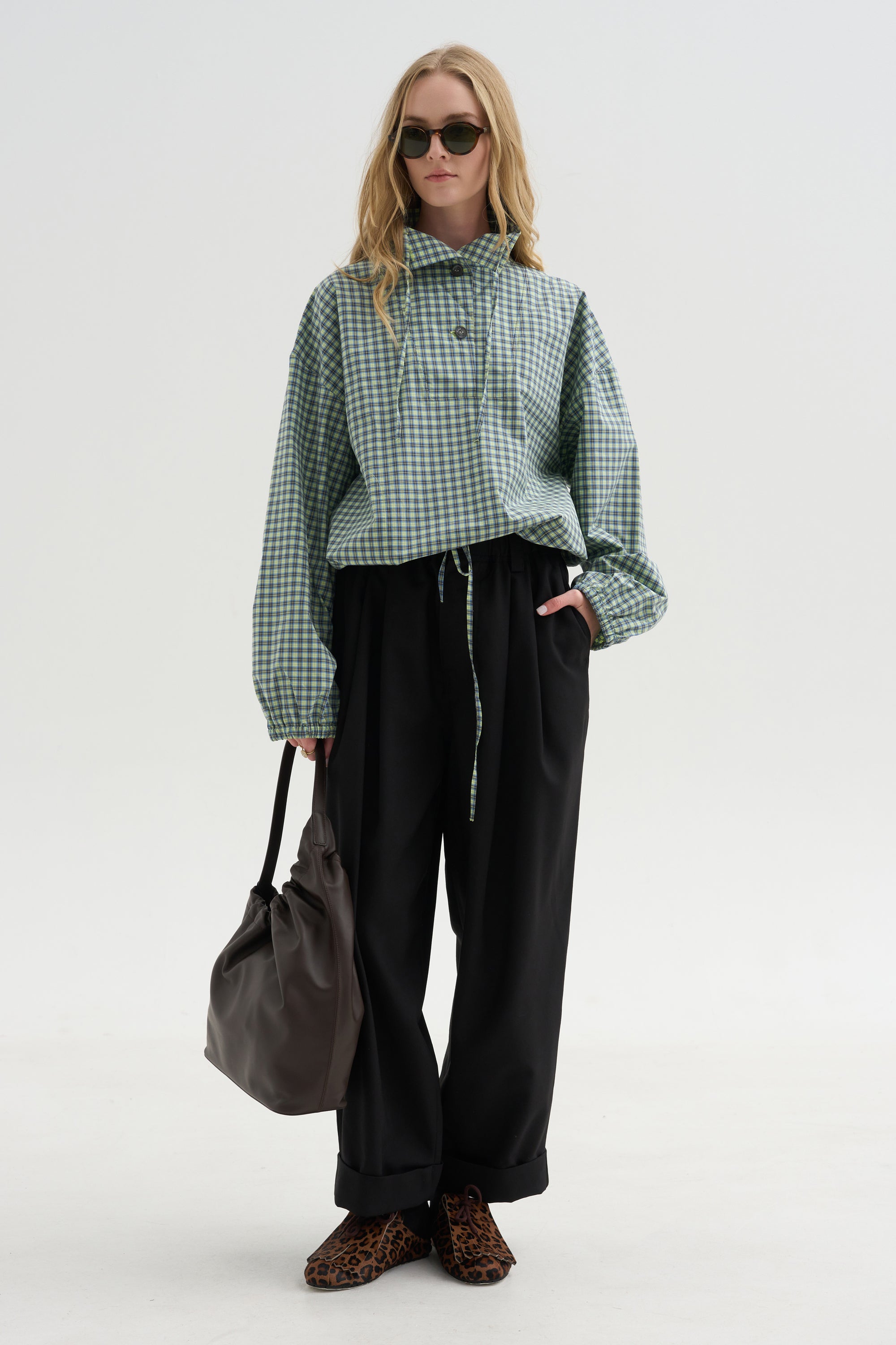 Checked Poplin Blouse with High Neck, Acid