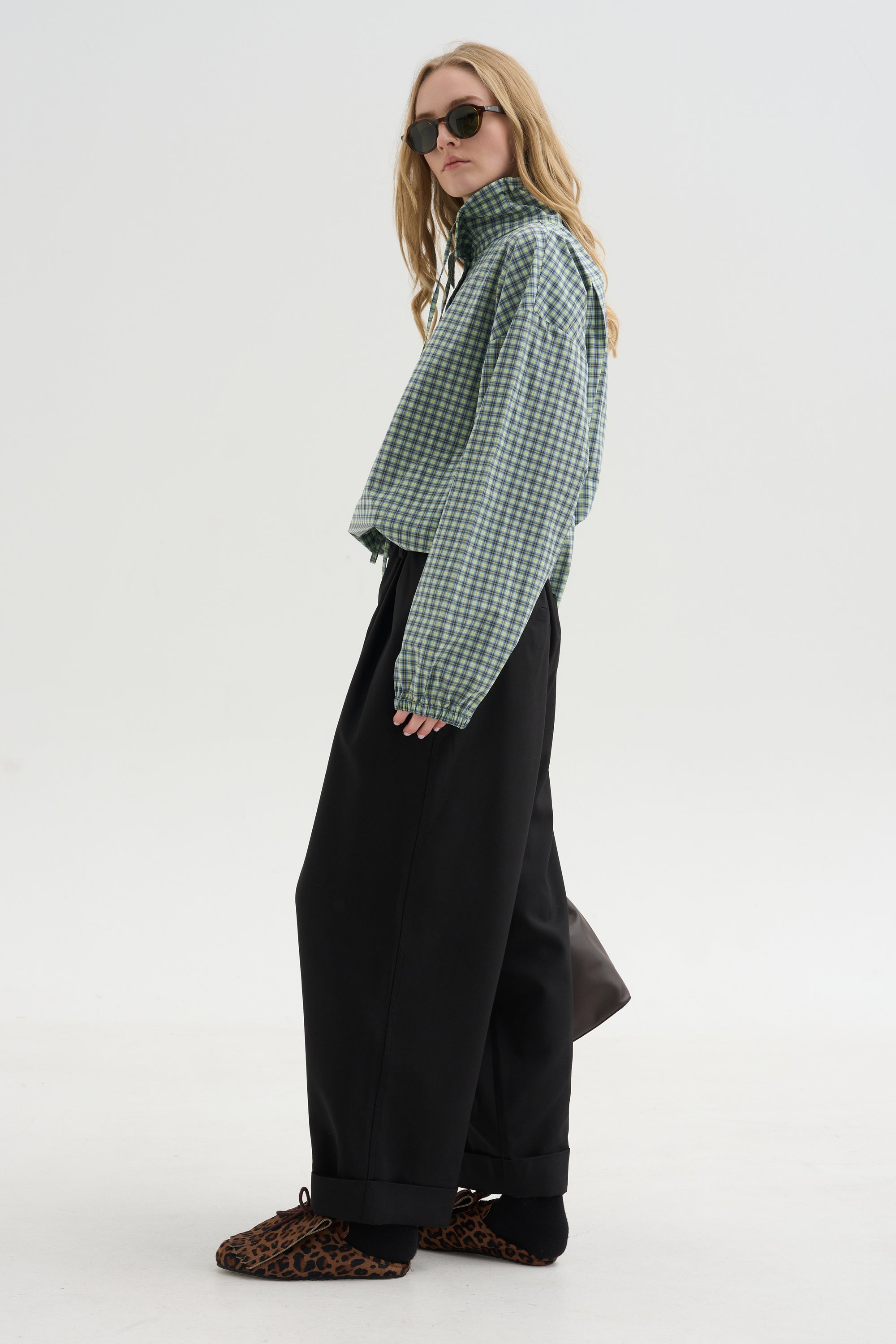 Checked Poplin Blouse with High Neck, Acid