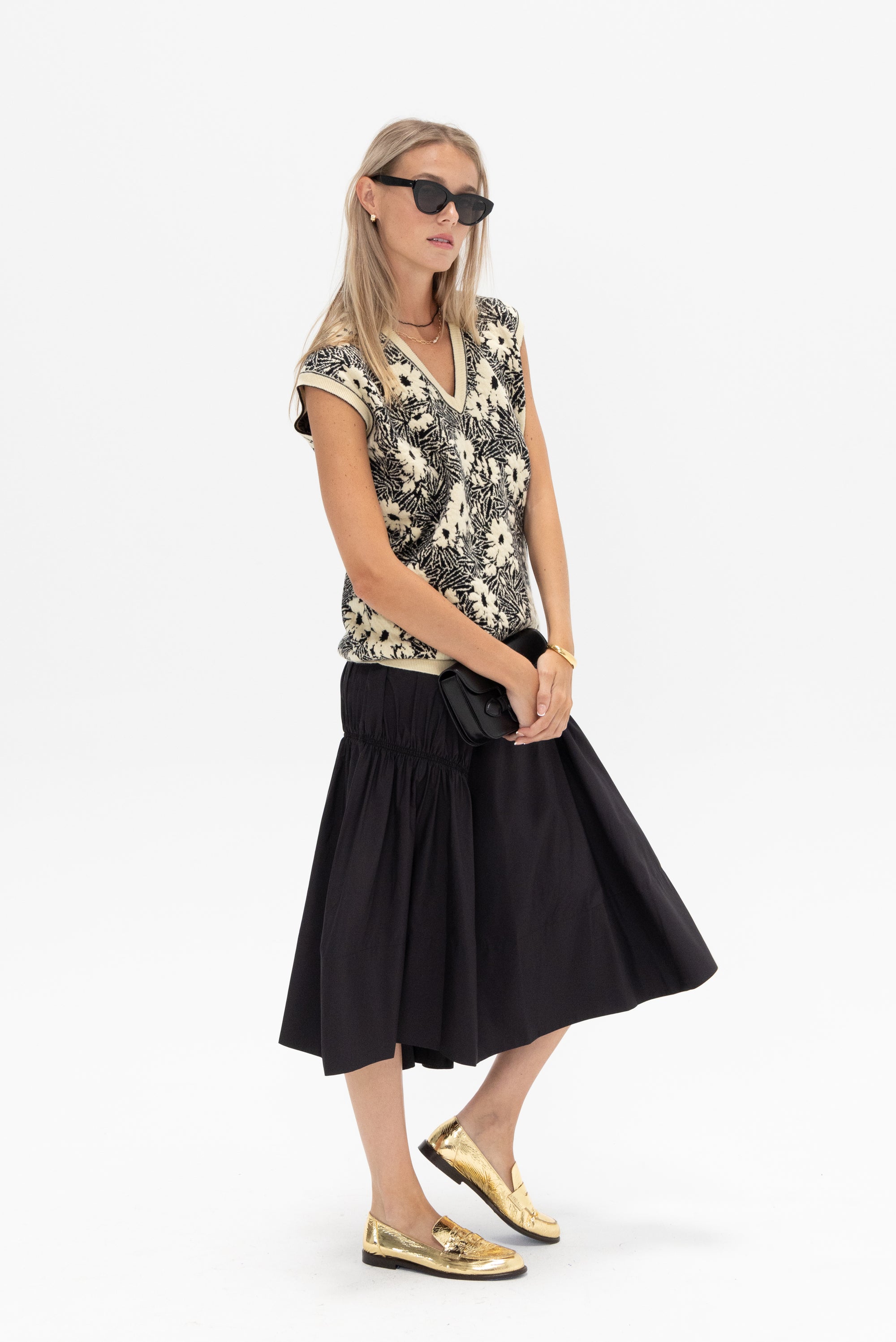 TIBI - Shirred Nylon Paneled Skirt, Black