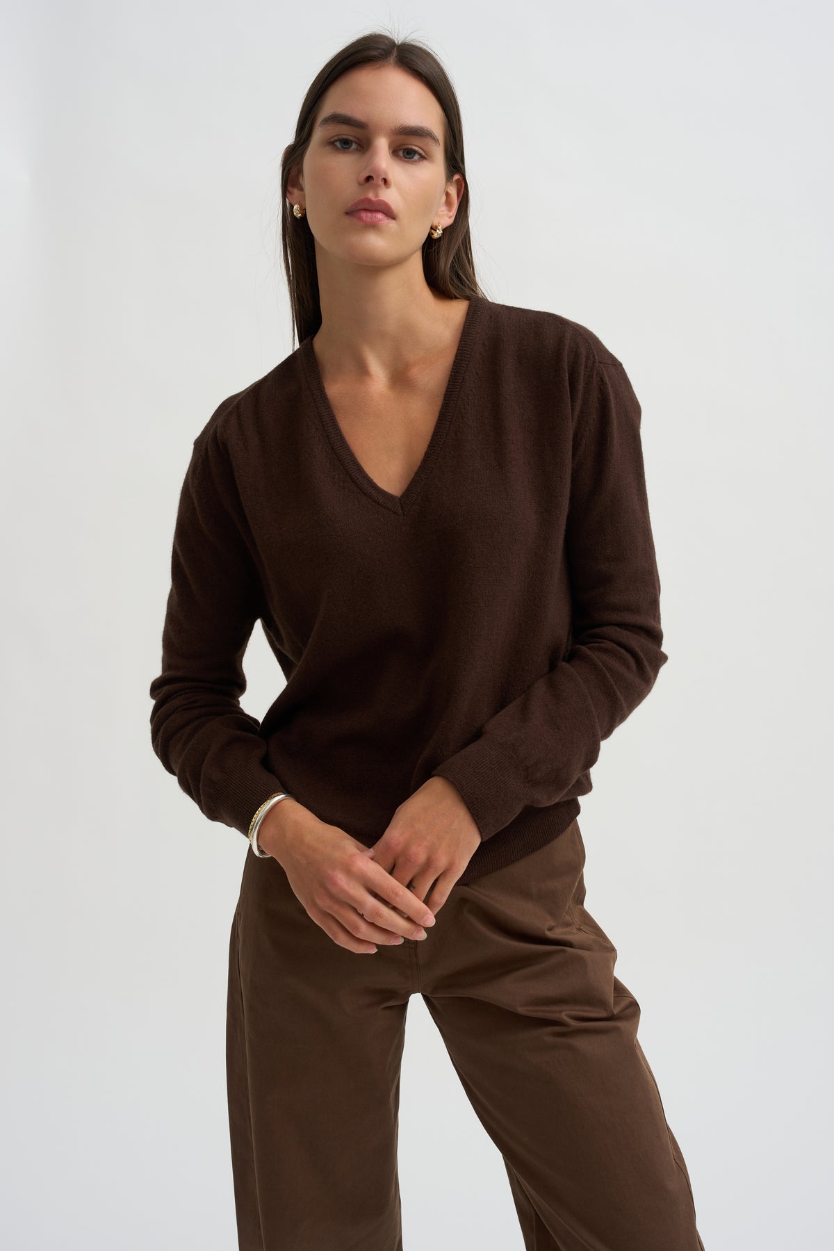 Cashmere Blend V-Neck Knit, Brown
