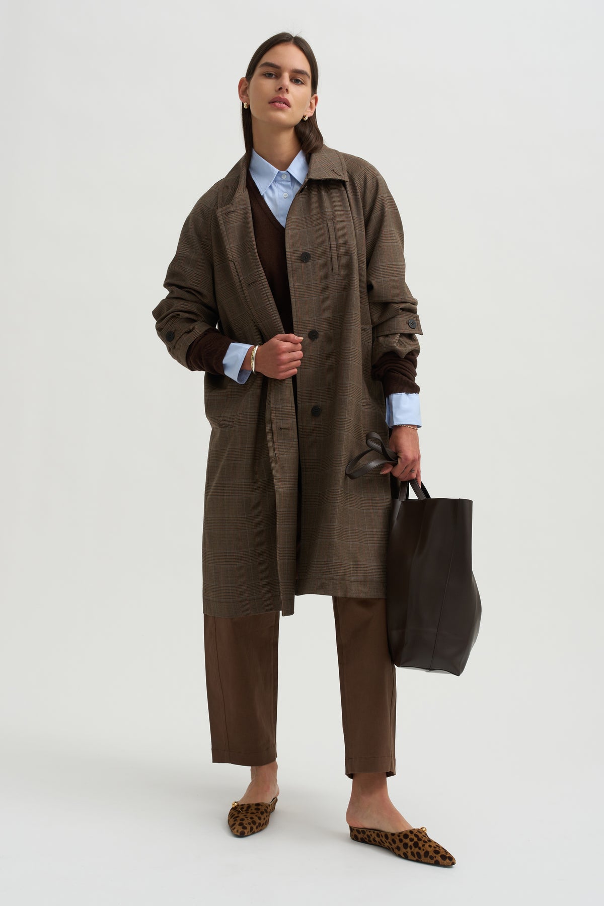 Wool Blend Trench Coat, Brown Plaid