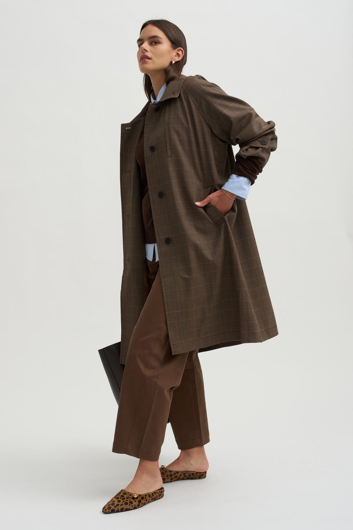Wool Blend Trench Coat, Brown Plaid
