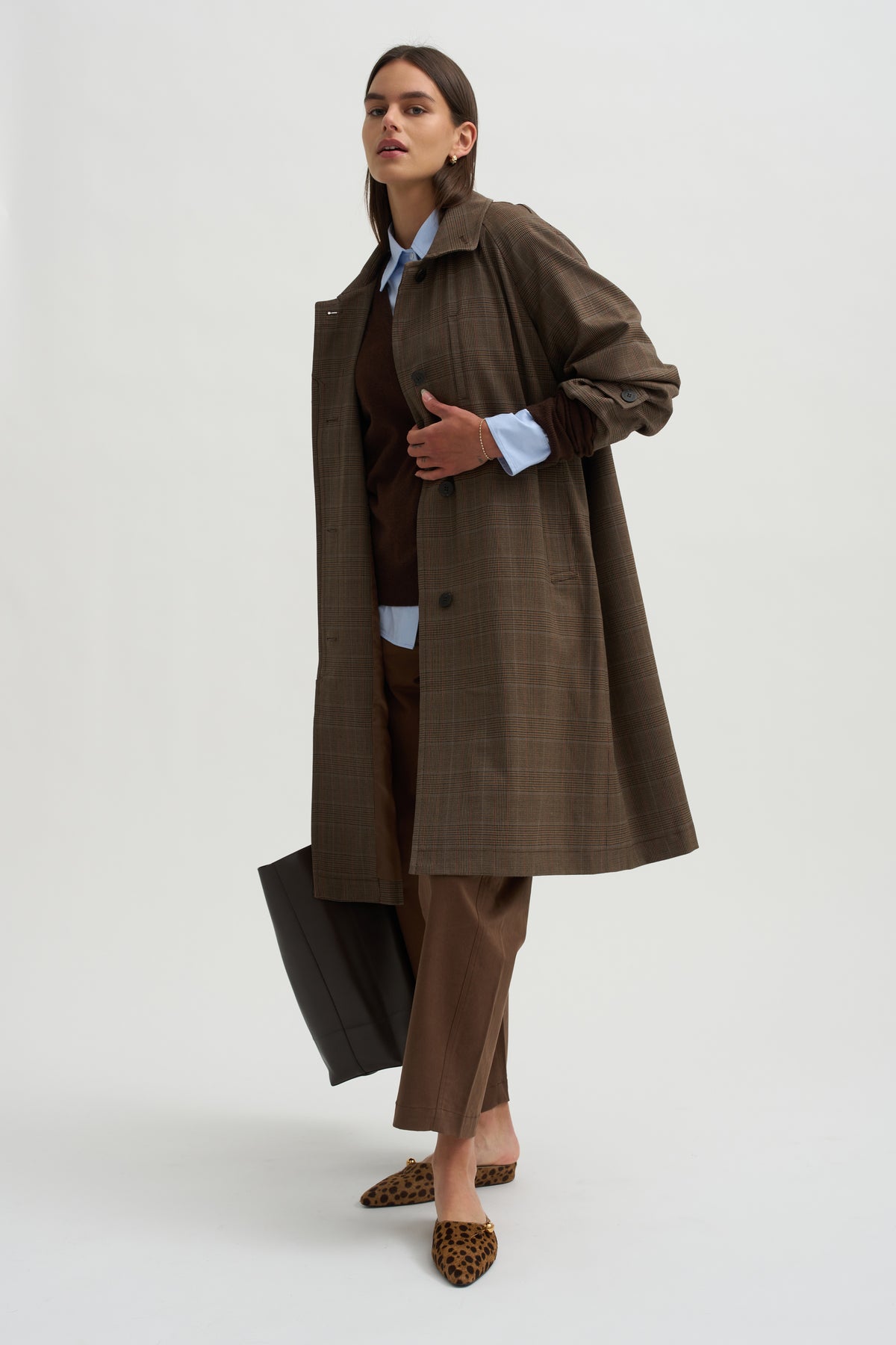 Wool Blend Trench Coat, Brown Plaid