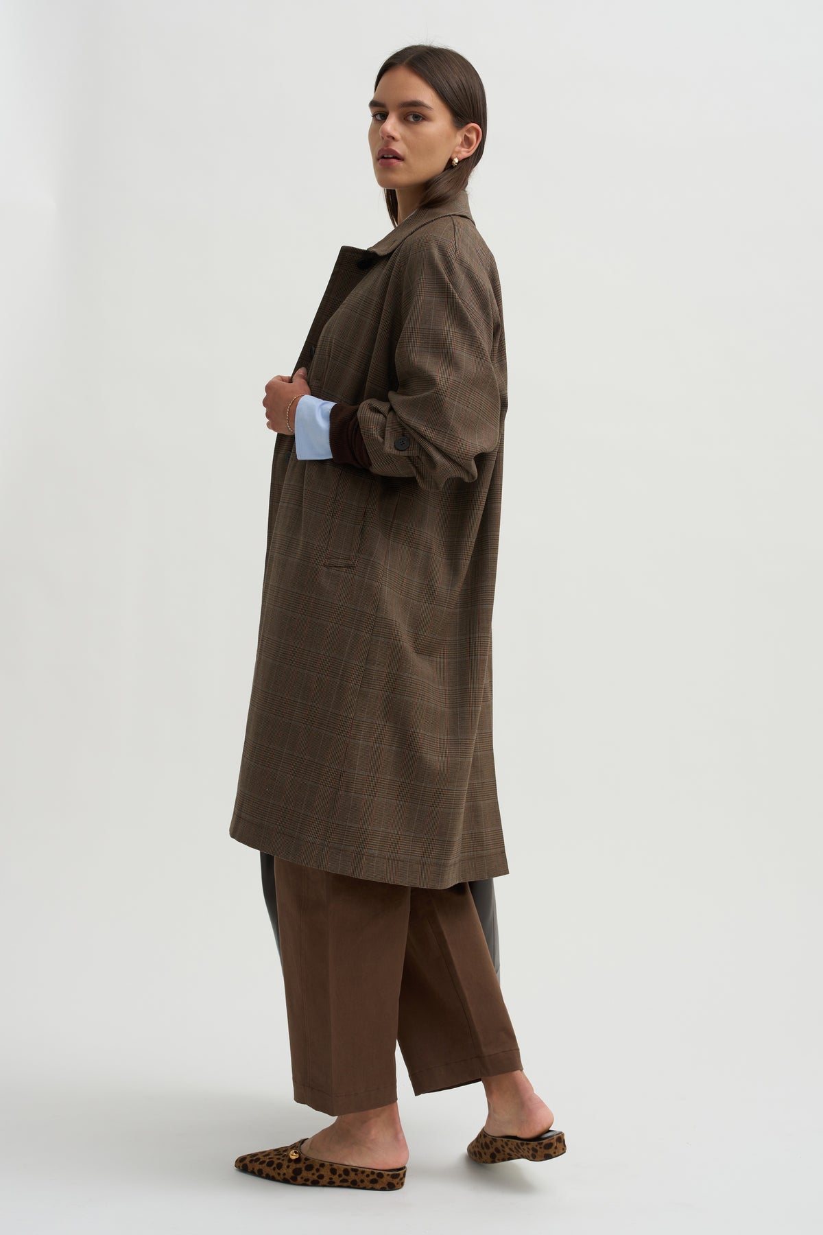 Wool Blend Trench Coat, Brown Plaid