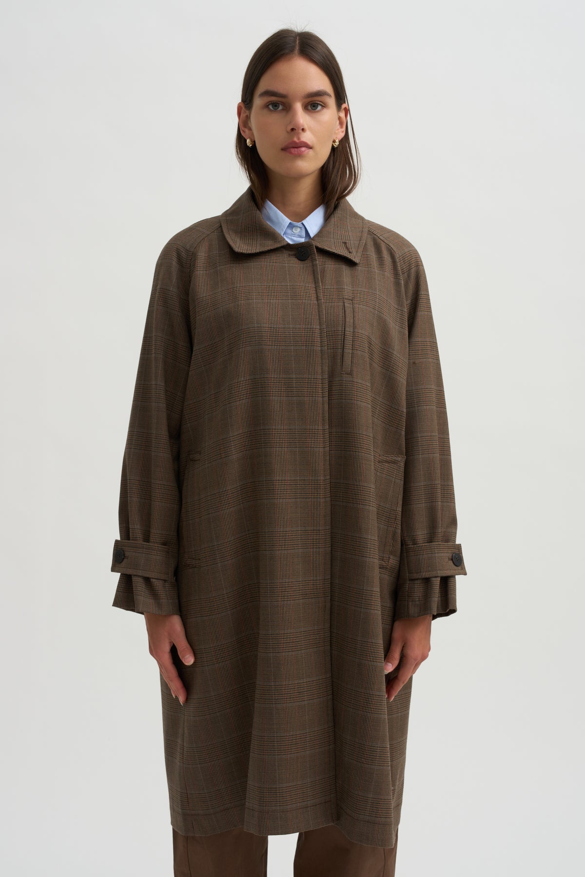 Wool Blend Trench Coat, Brown Plaid