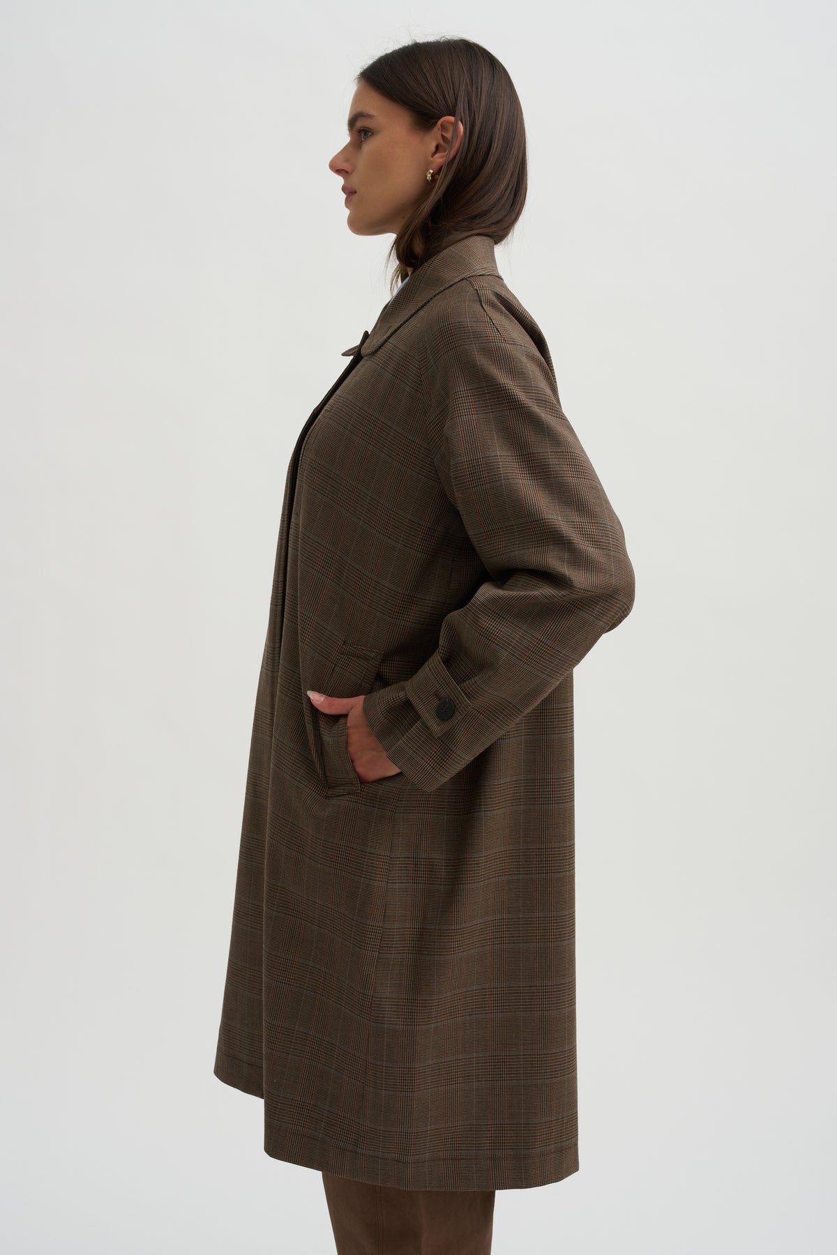 Wool Blend Trench Coat, Brown Plaid