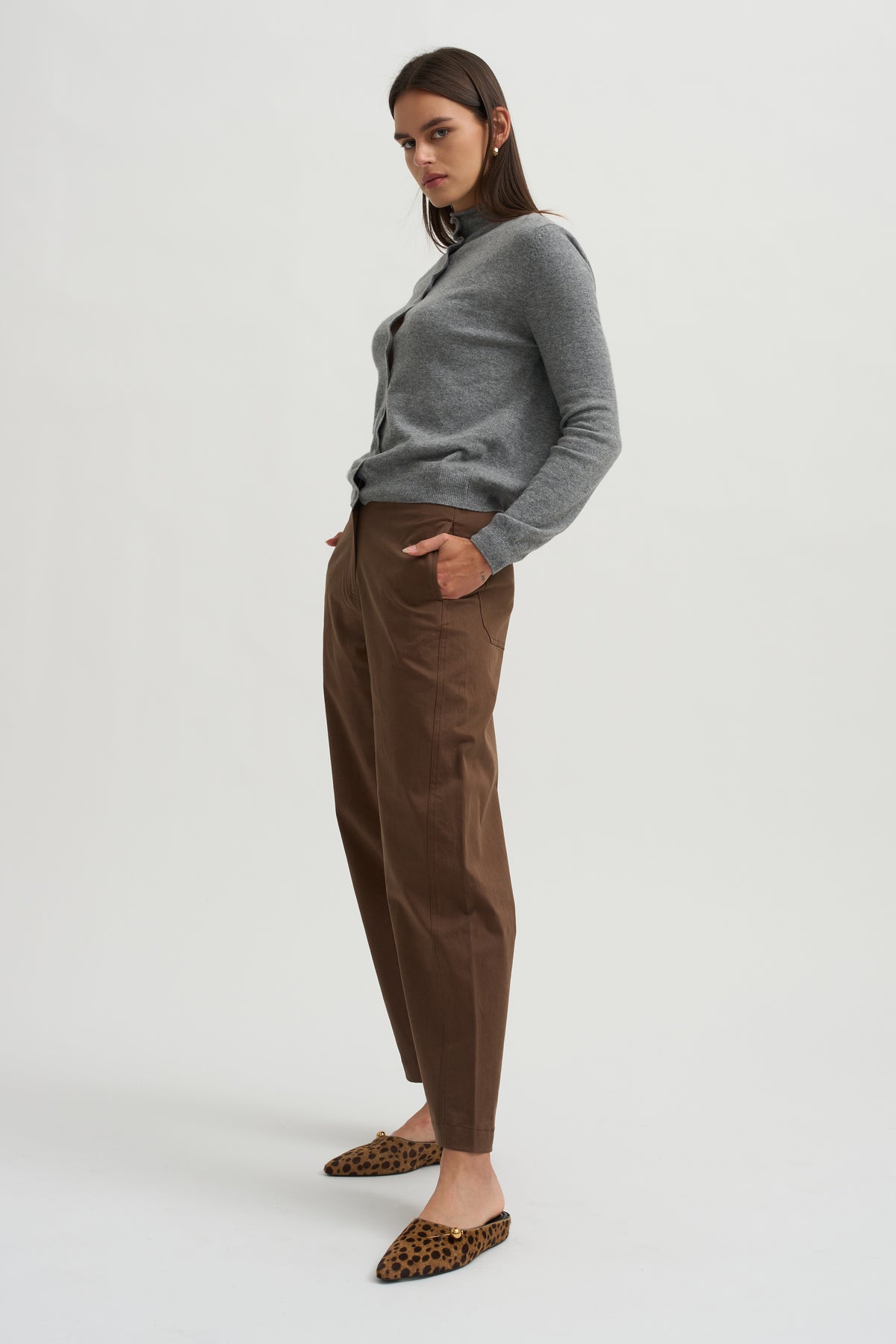 Cotton Barrel Leg Trouser, Brown