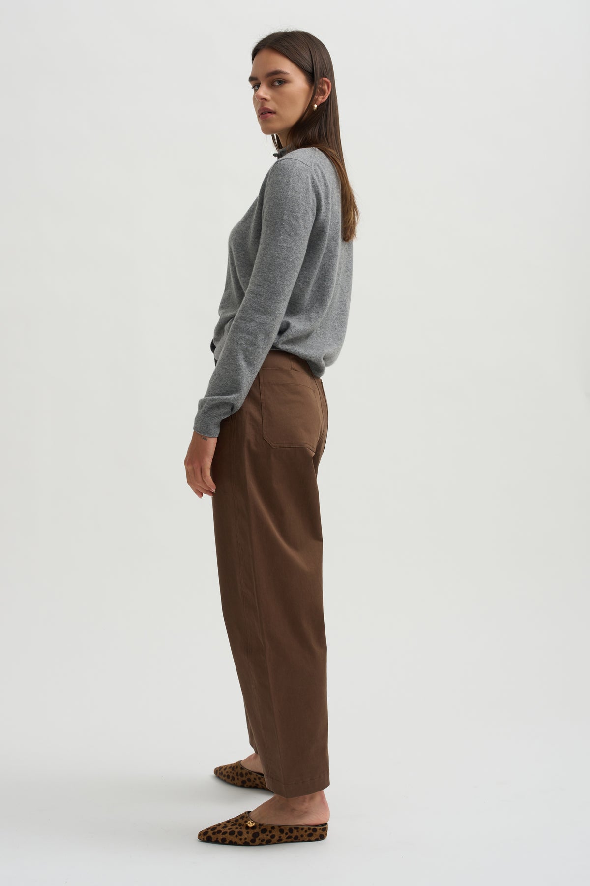Cotton Barrel Leg Trouser, Brown