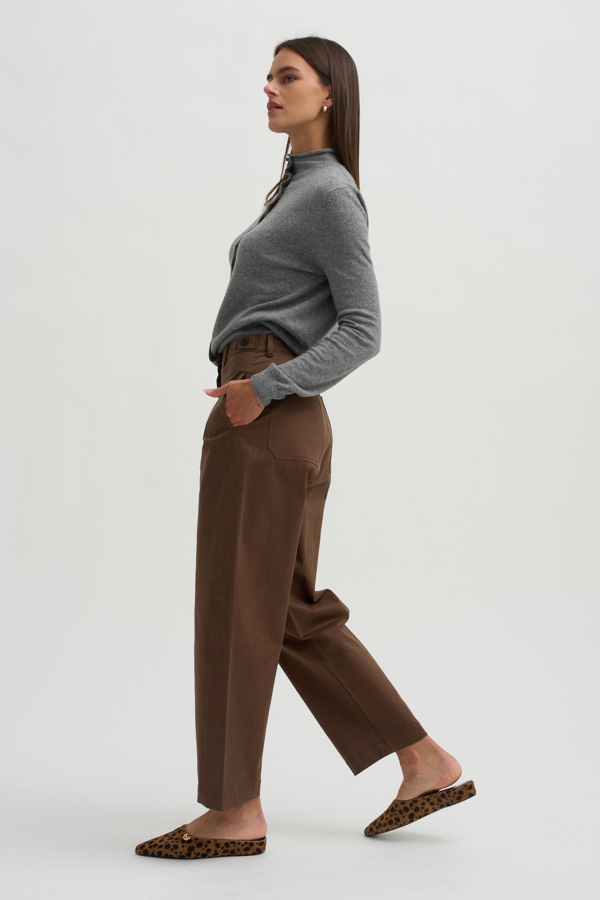 Cotton Barrel Leg Trouser, Brown