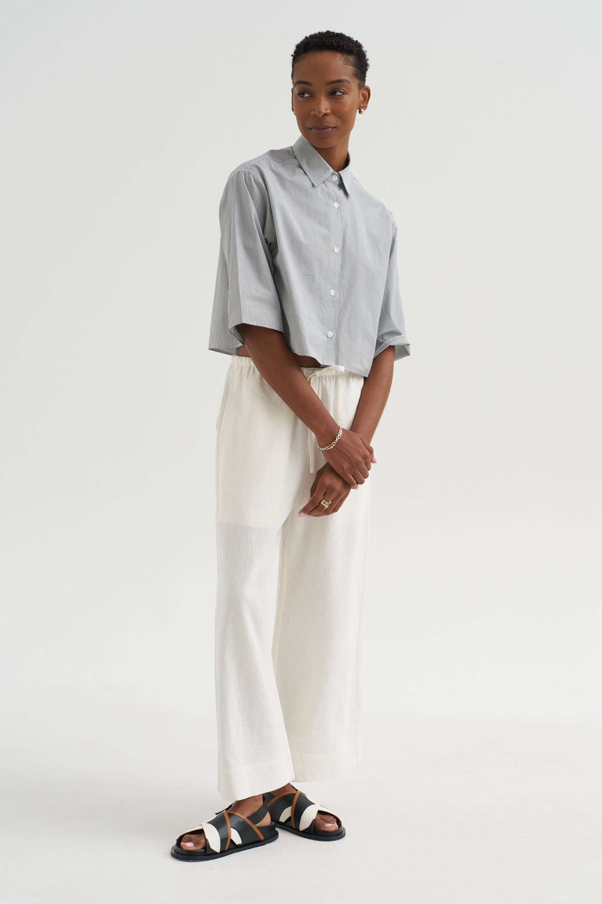 Linen Blend Cropped Pants, Ivory