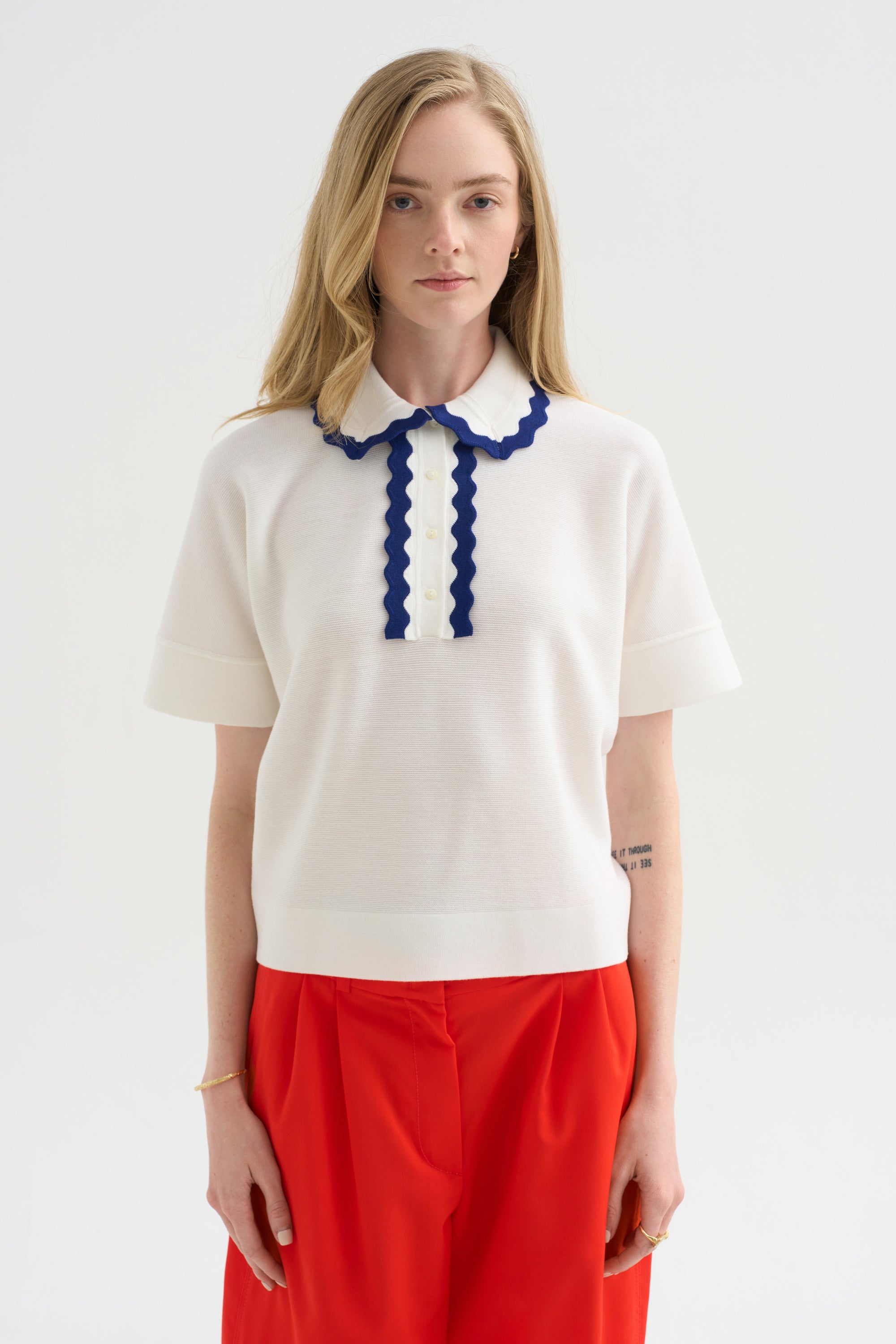 Elbow-length Knit Top Corquet, Milk-Blue Faience