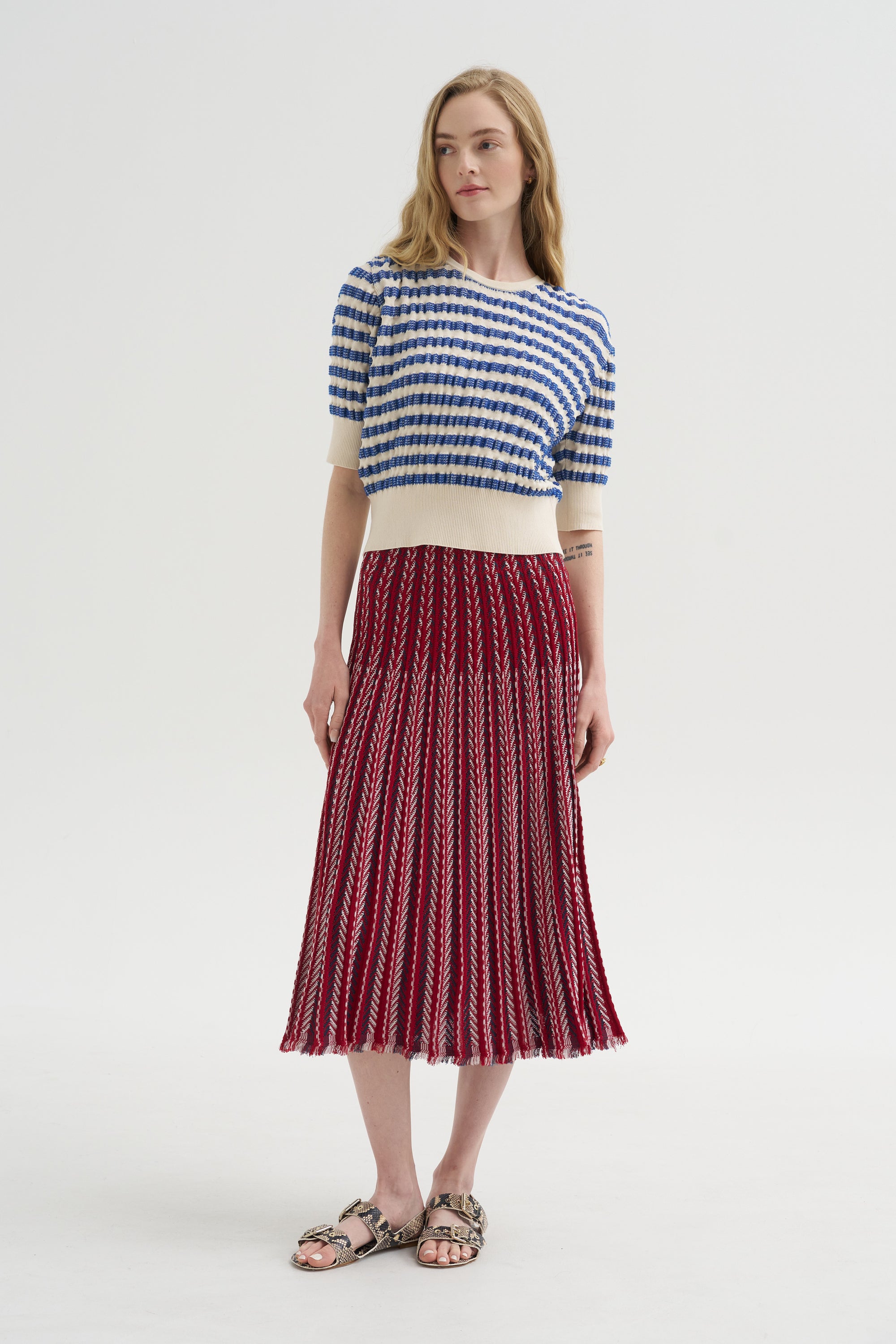 Encore - Fluid Skirt in Herringbone Knit, Garnet-Blueberry-Milk