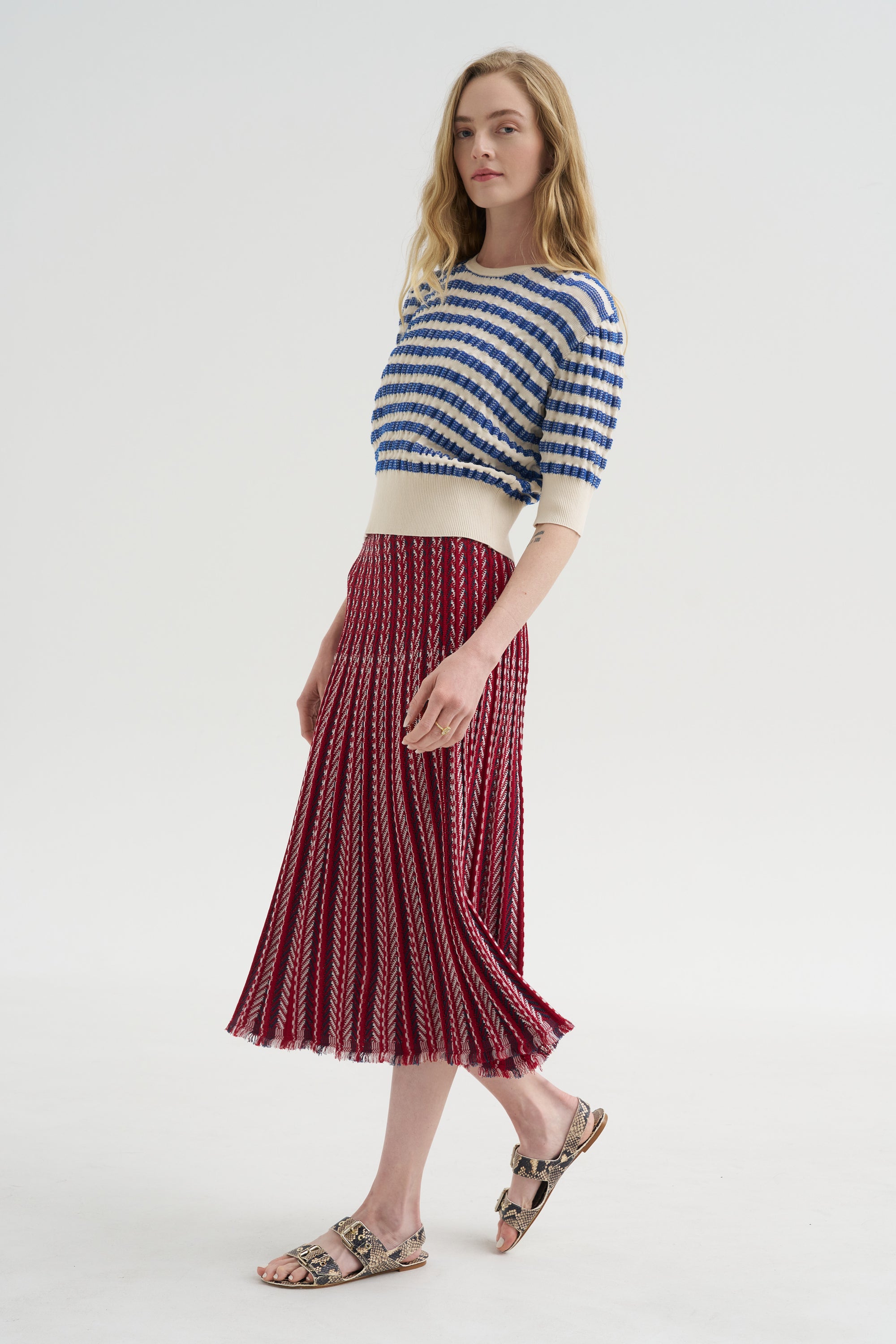 Encore - Fluid Skirt in Herringbone Knit, Garnet-Blueberry-Milk