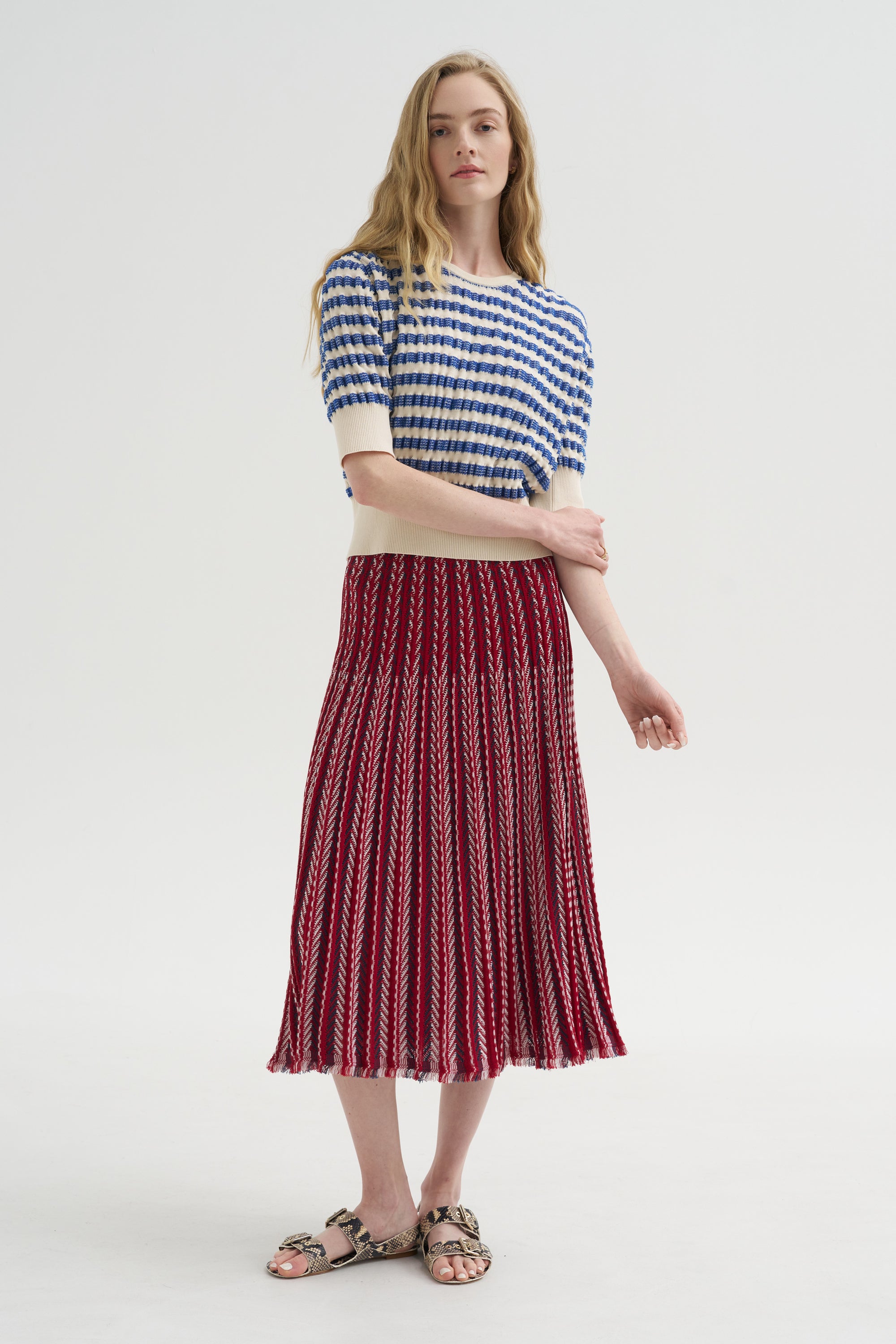 Encore - Fluid Skirt in Herringbone Knit, Garnet-Blueberry-Milk