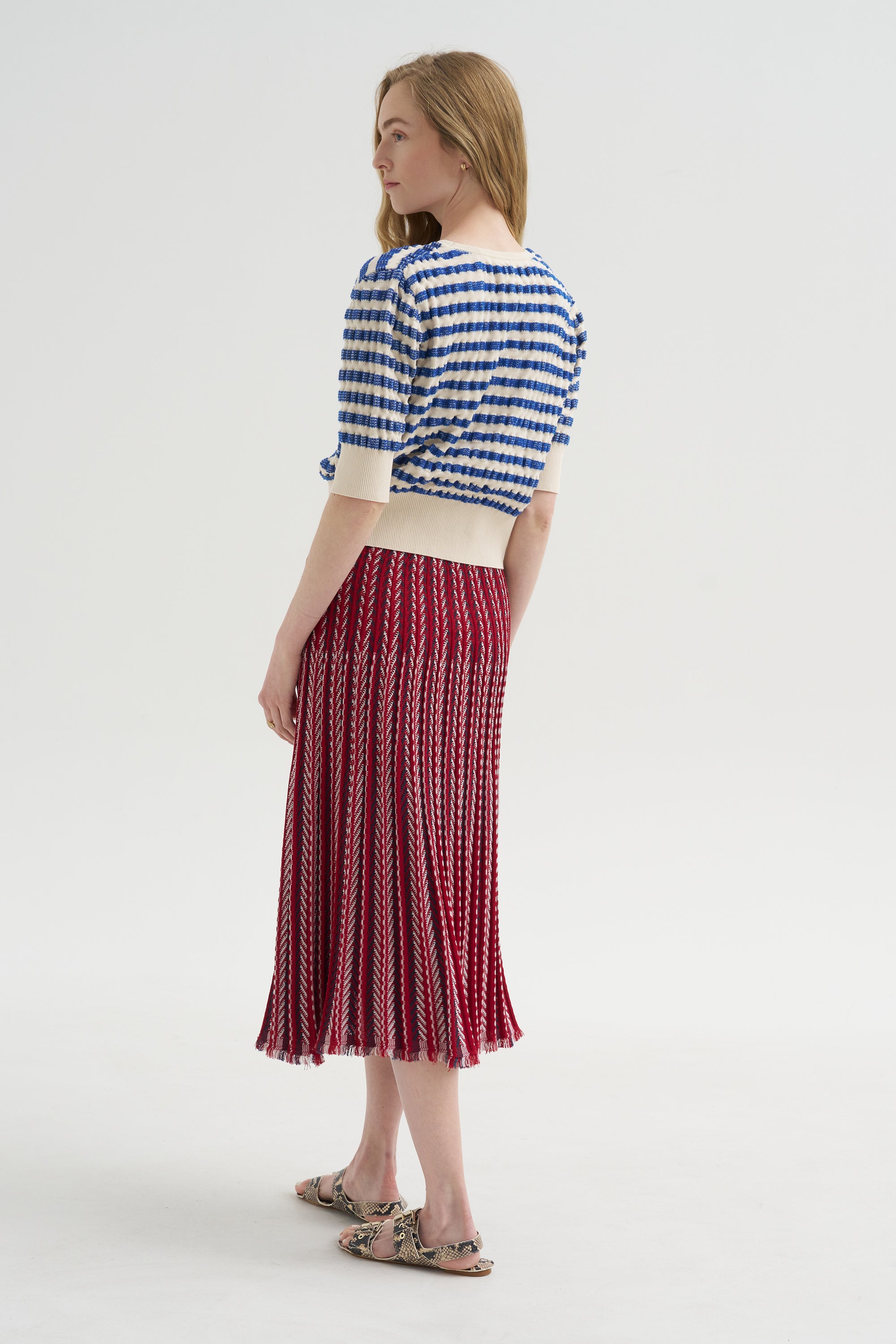 Encore - Fluid Skirt in Herringbone Knit, Garnet-Blueberry-Milk